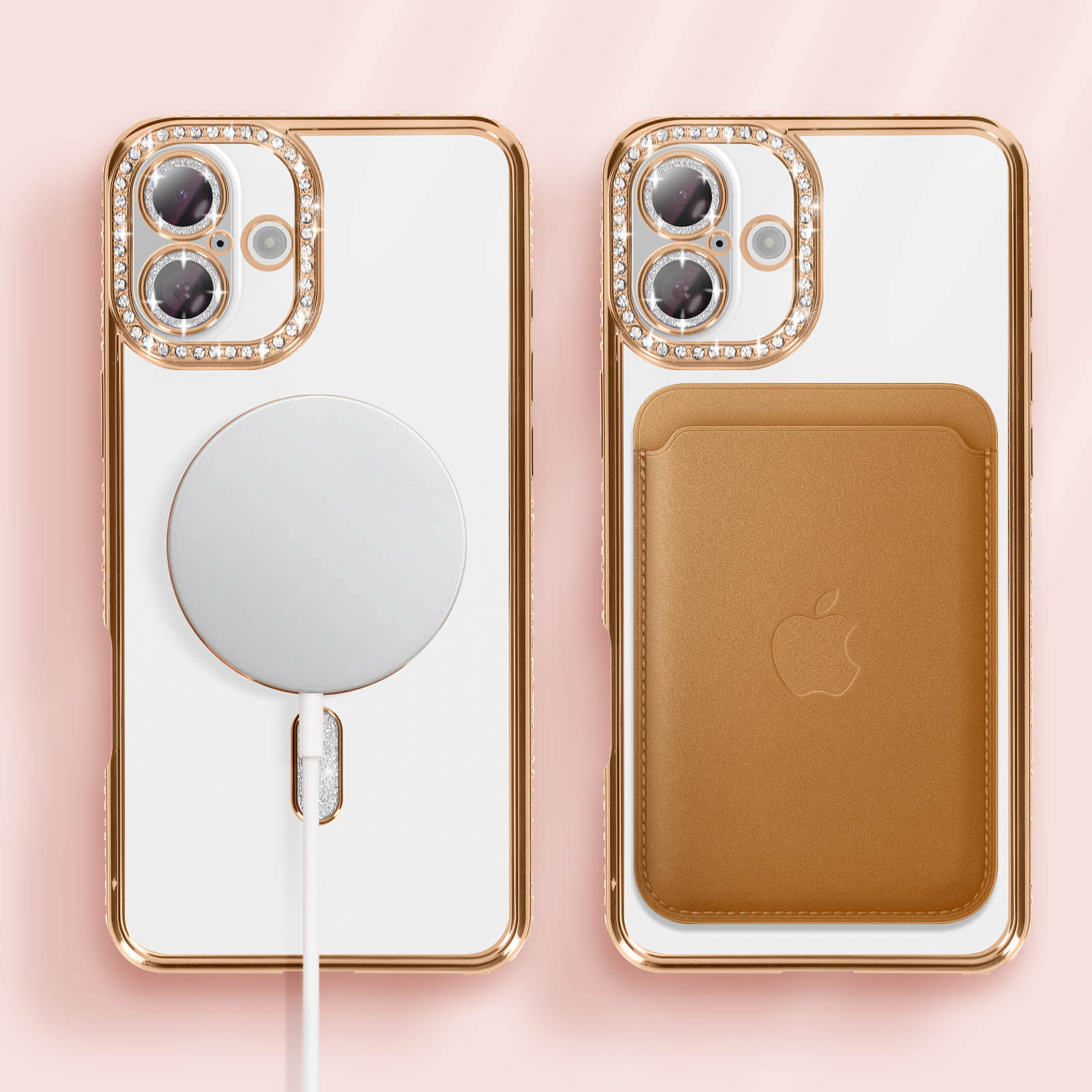 Twee iPhone-hoesjes met gouden rand en strass steentjes. Eén met MagSafe oplader, de andere met bruine lederen kaarthouder.