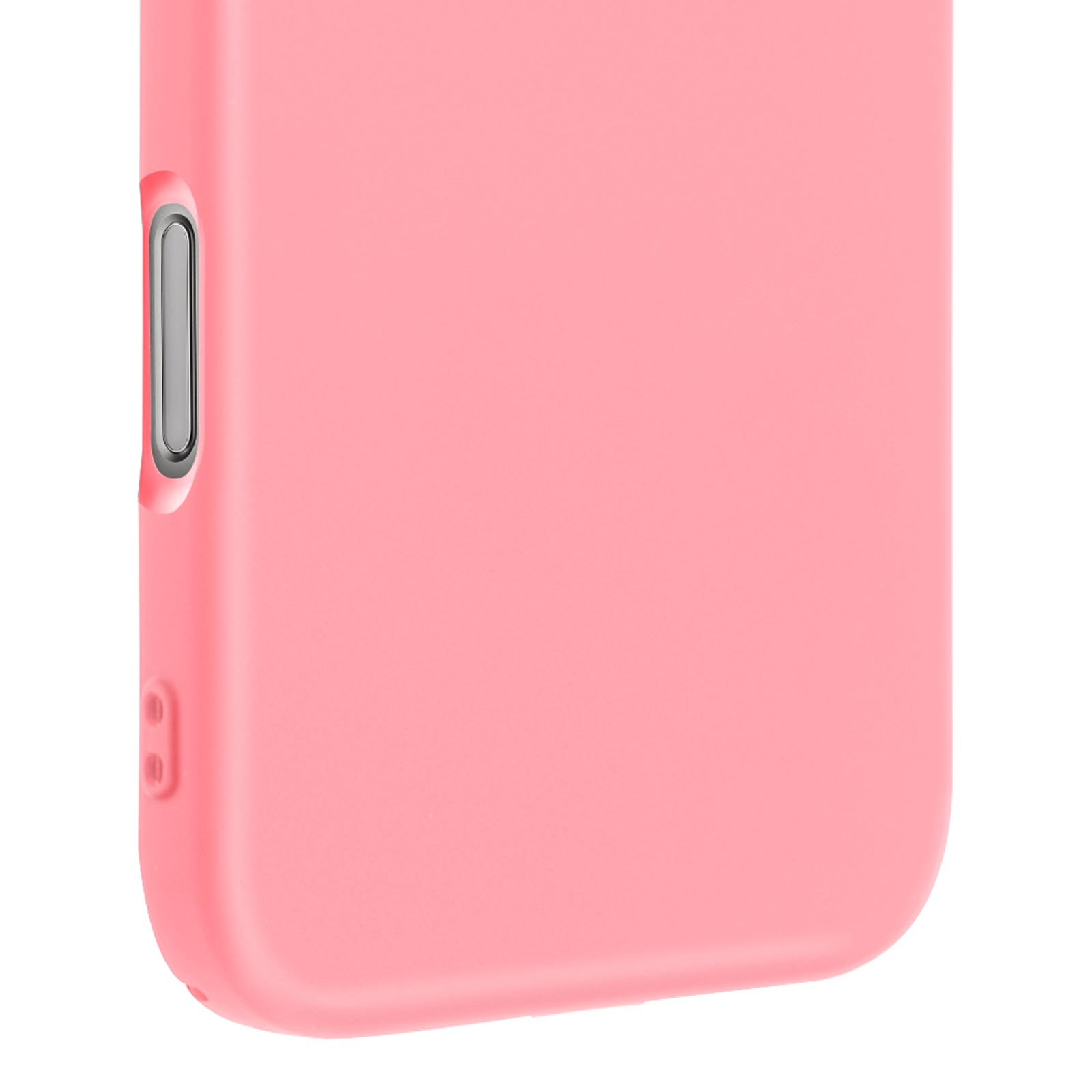 Gros plan d'une coque de téléphone rose clair mate avec boutons argentés.