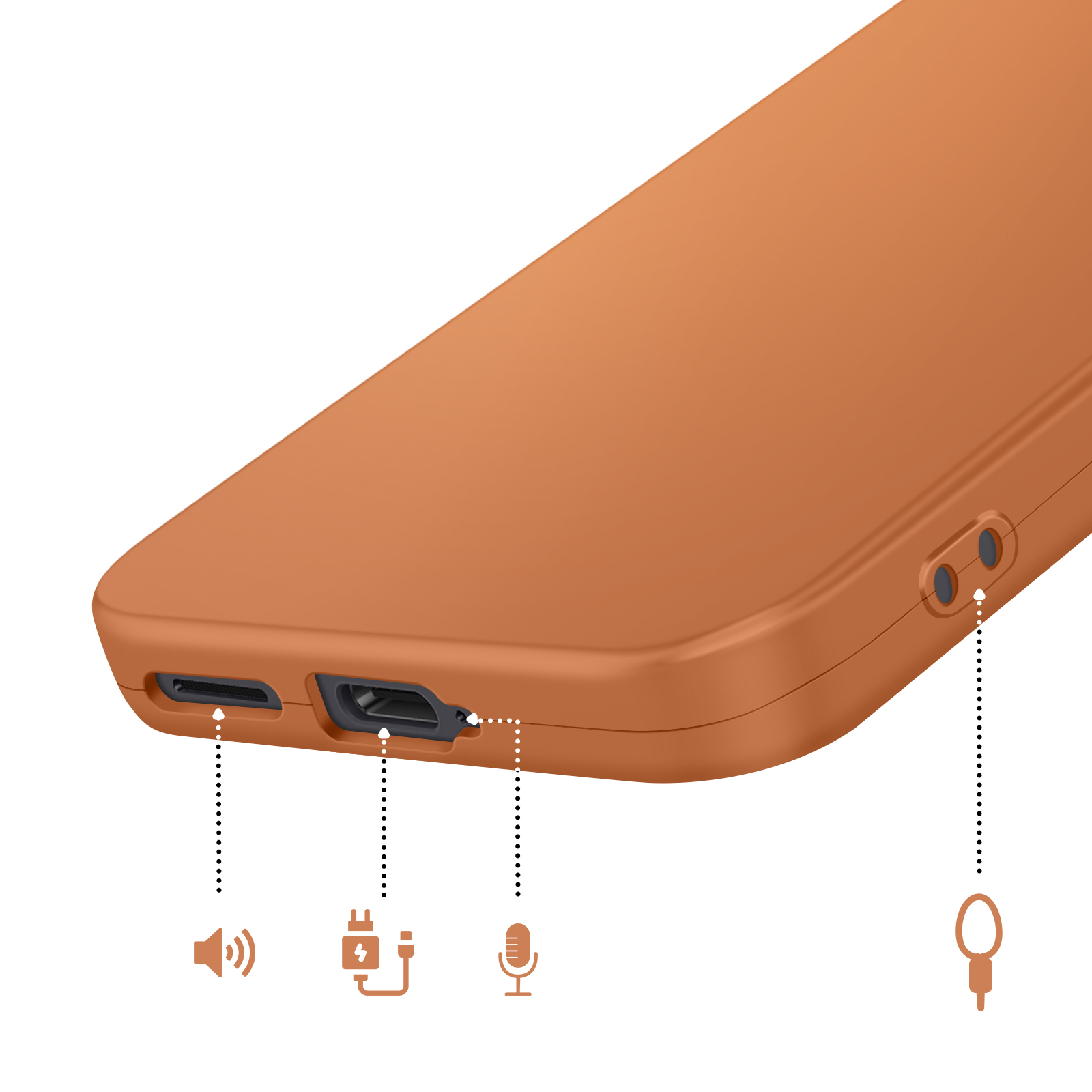 Een oranje smartphone met poorten voor luidspreker, opladen en microfoon.