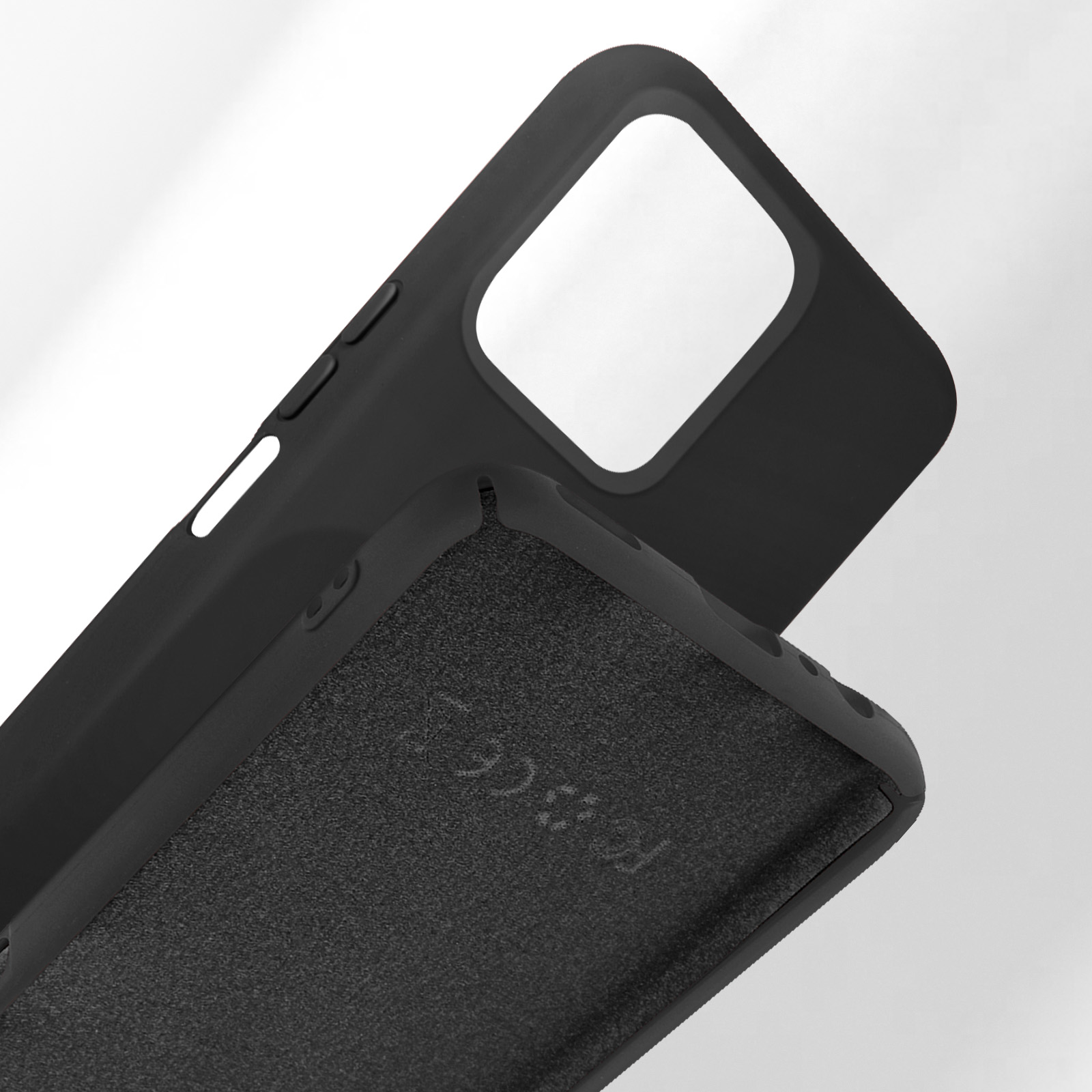 Custodia nera per telefono con interno testurizzato e ritagli per fotocamera e pulsanti.