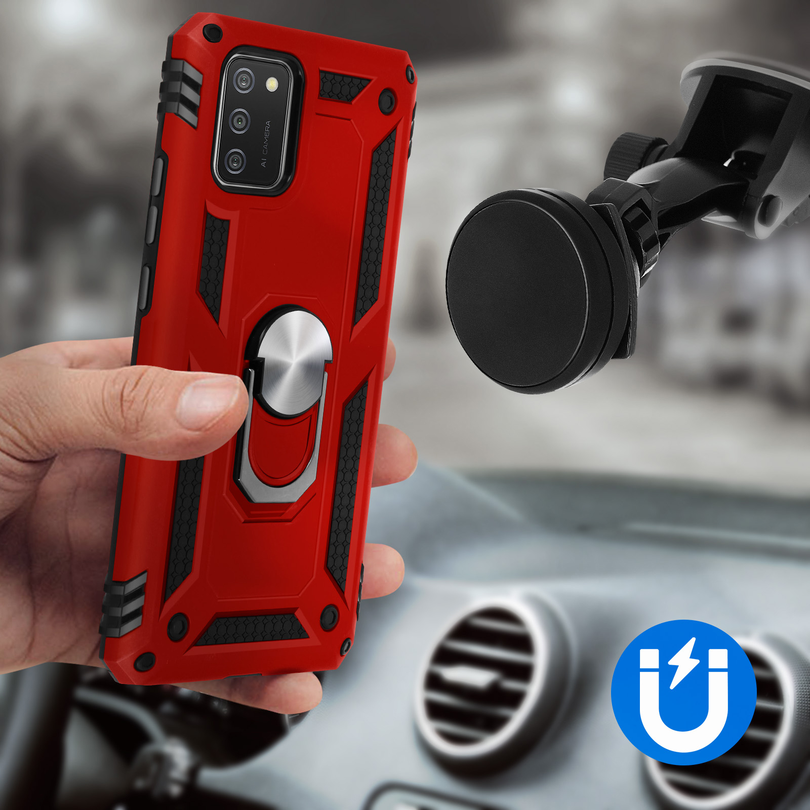 Custodia rossa per telefono con anello porta in mano, supporto auto icona.