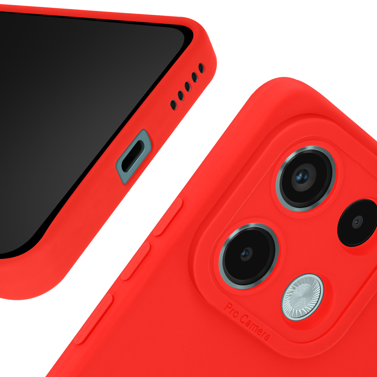Coque de téléphone rouge avec îlot caméra et texte 'Pro Camera'.