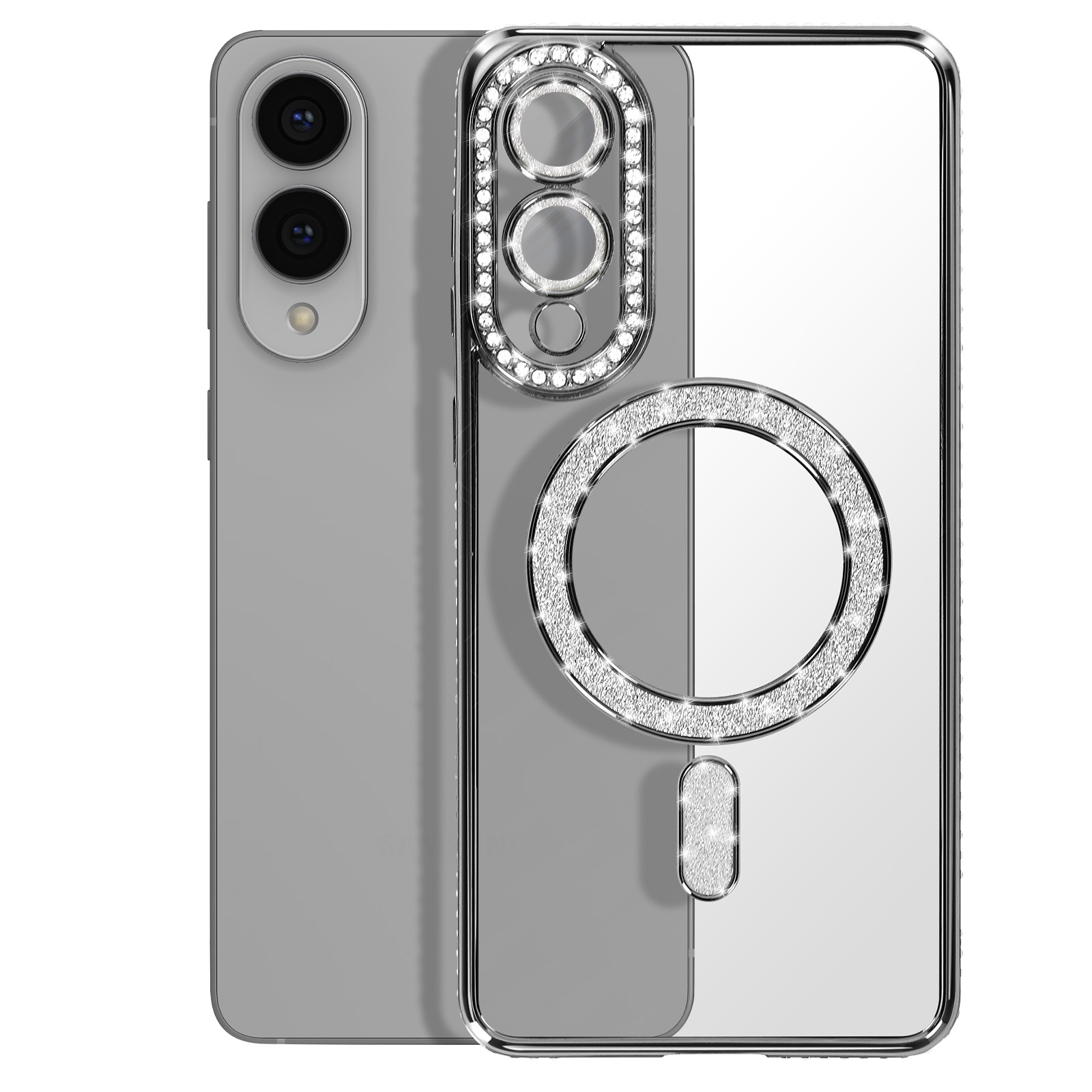 Téléphone argenté avec coque transparente, orné de strass.