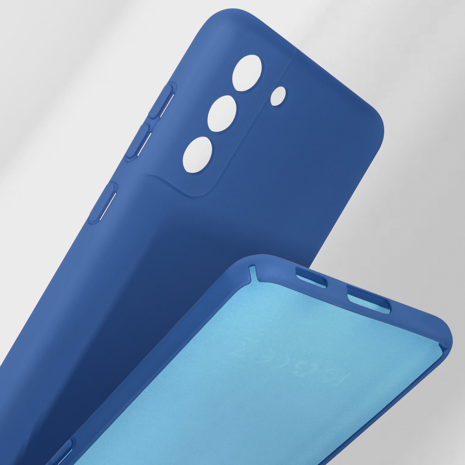 Deux coques de téléphone bleues avec découpes pour caméras et boutons.