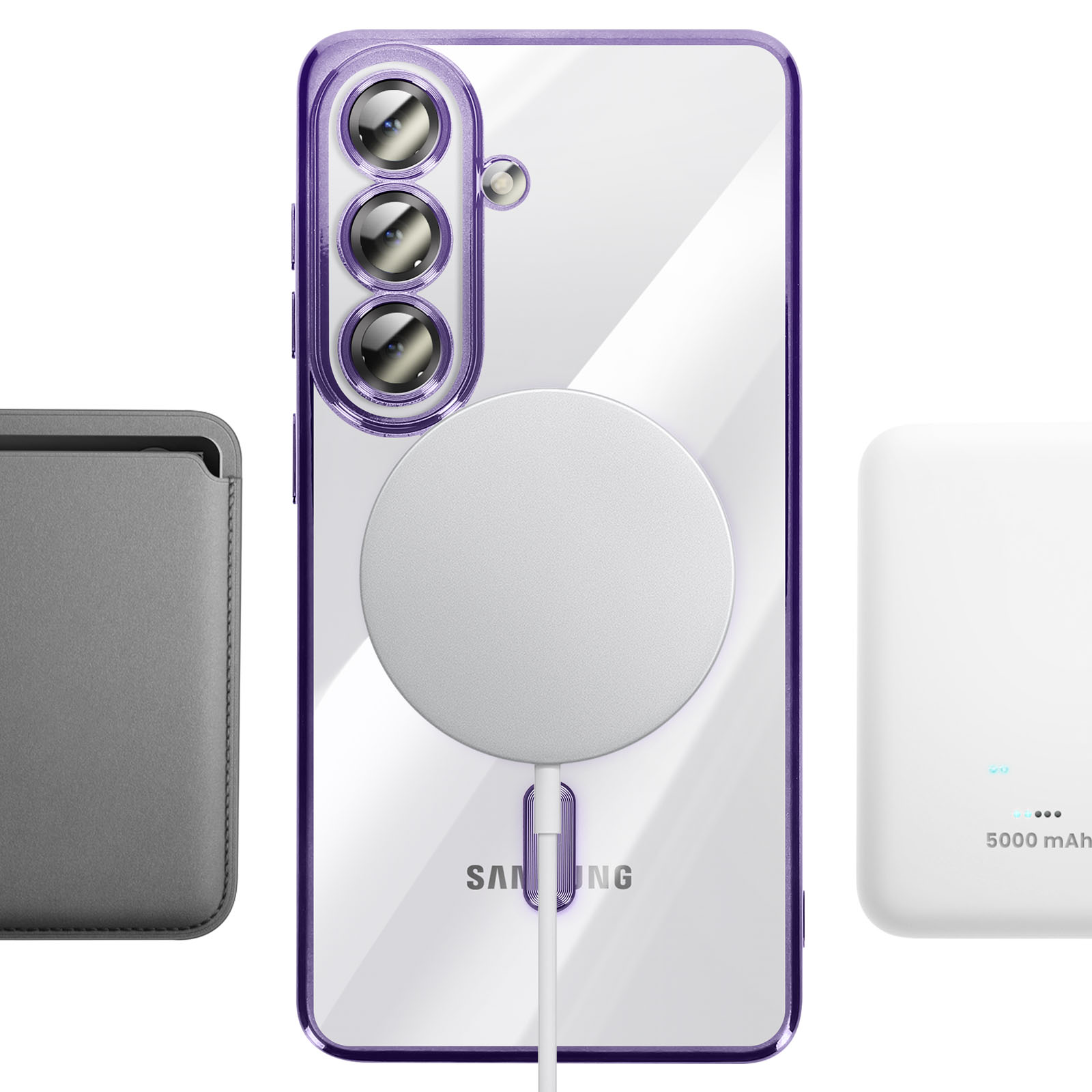 Un smartphone avec un étui violet, un chargeur magnétique et une batterie externe.