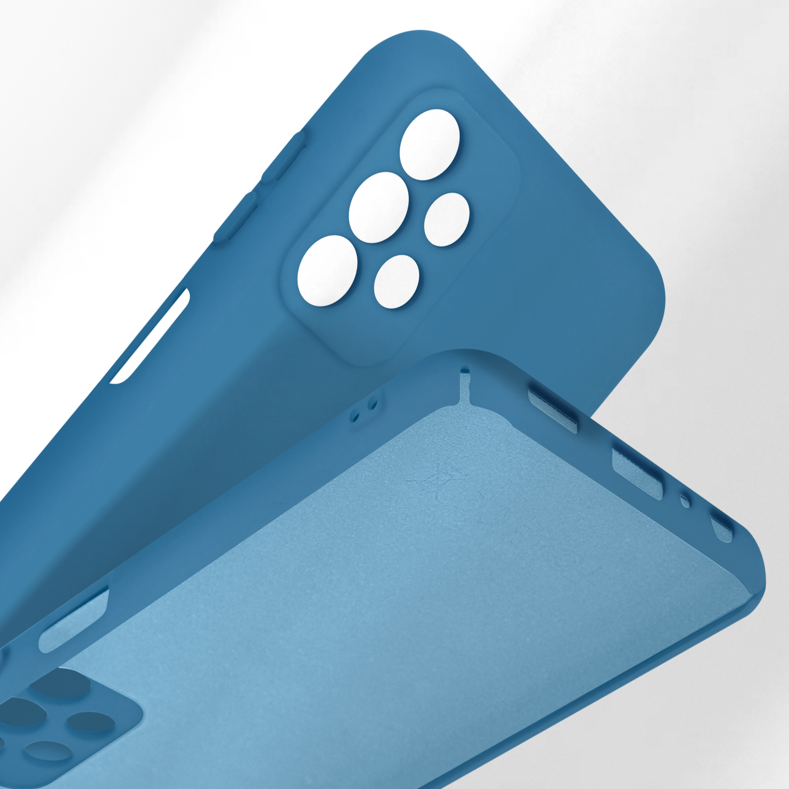 Twee blauwe telefoonhoesjes met camera-uitsparingen op lichte achtergrond.