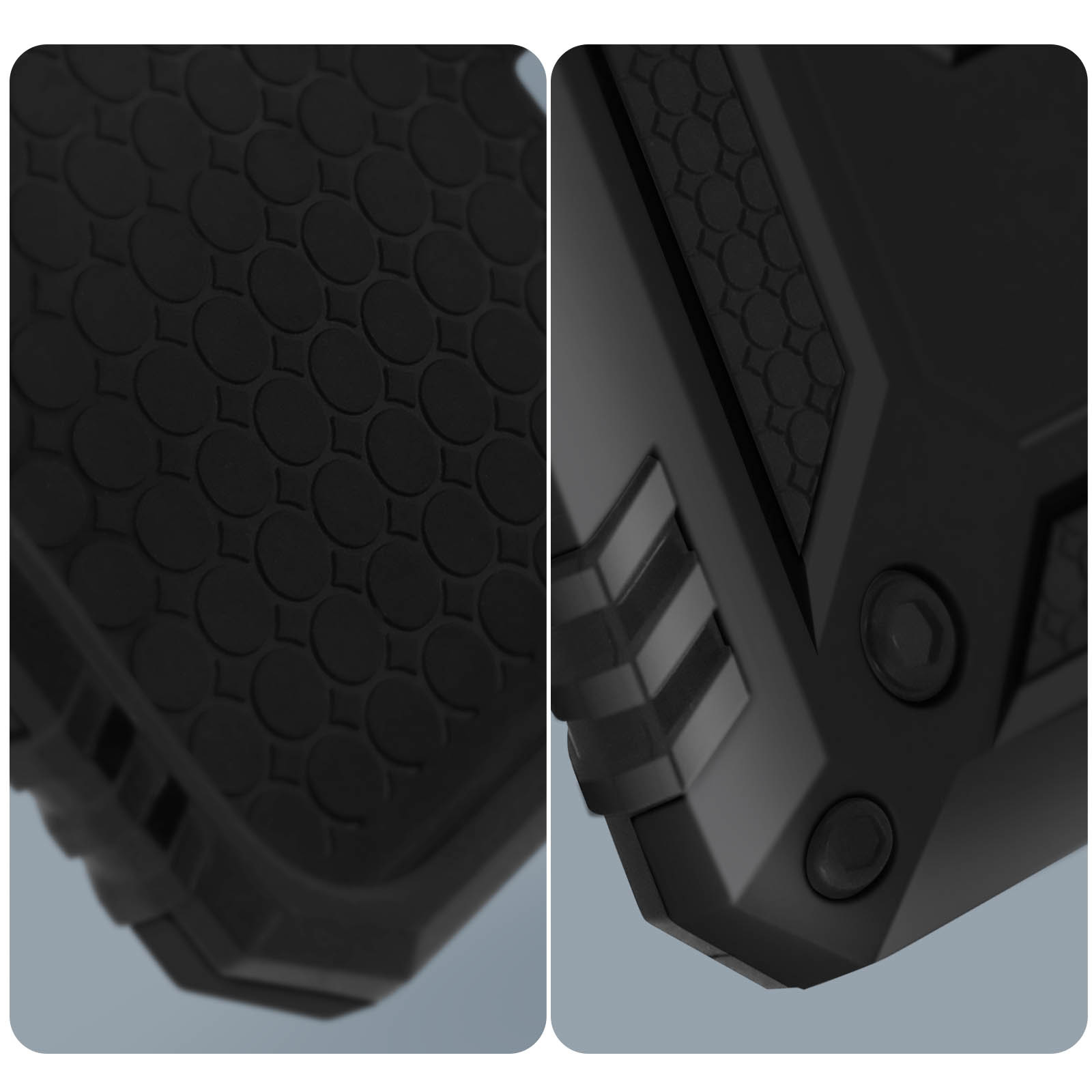 Close-up van een zwart gestructureerd oppervlak met hexagonale patronen en ribbels.