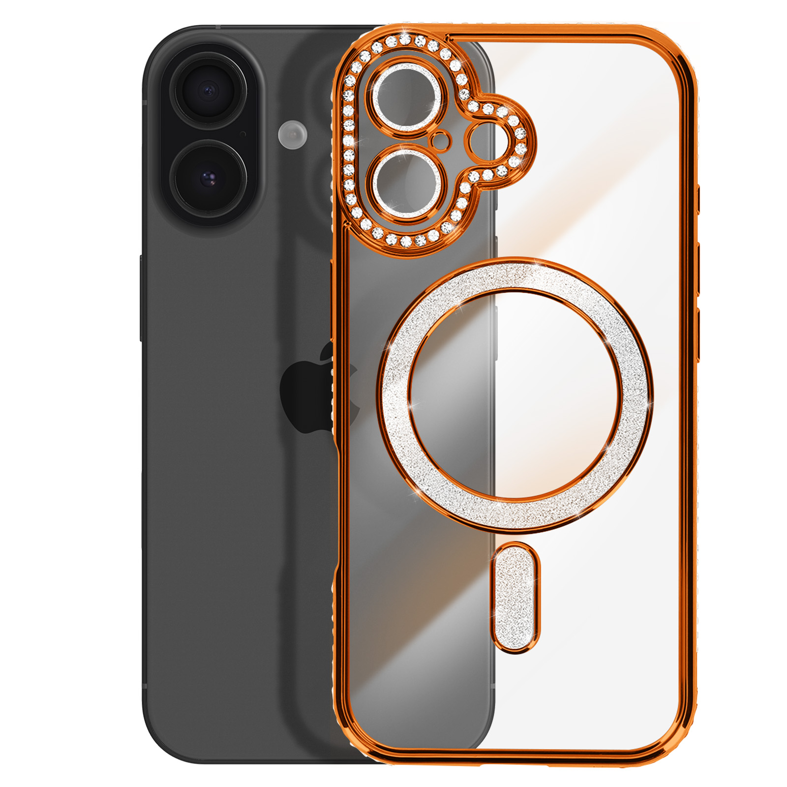 Un iPhone sombre avec un étui orange transparent et scintillant, montrant la caméra.