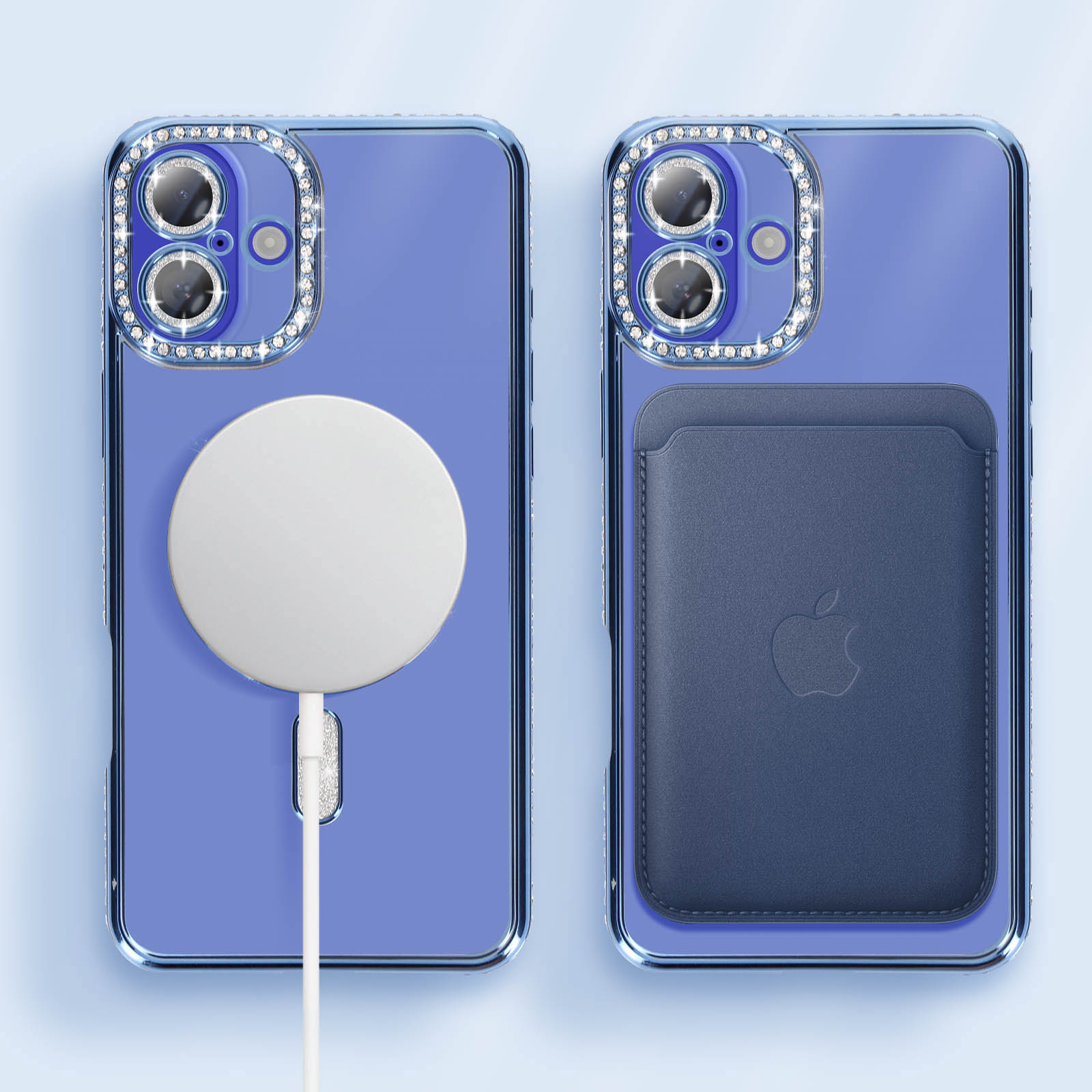 Twee paarse telefoonhoesjes met glinsterende camerabehuizing. Eén met lader, één met kaarthouder.