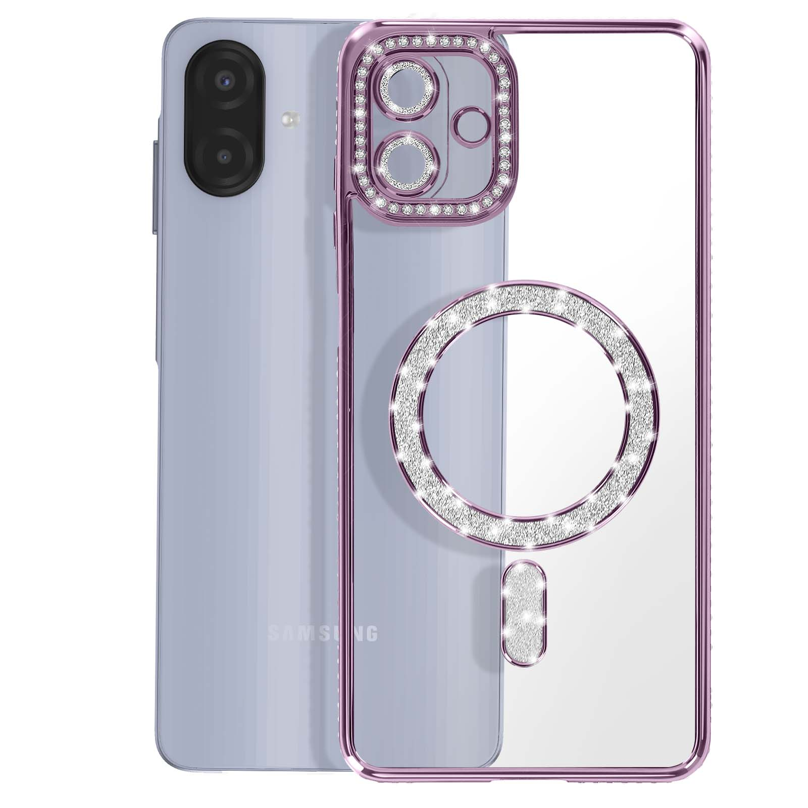 Cover viola per telefono con anelli glitterati e protezione fotocamera su un telefono lilla.