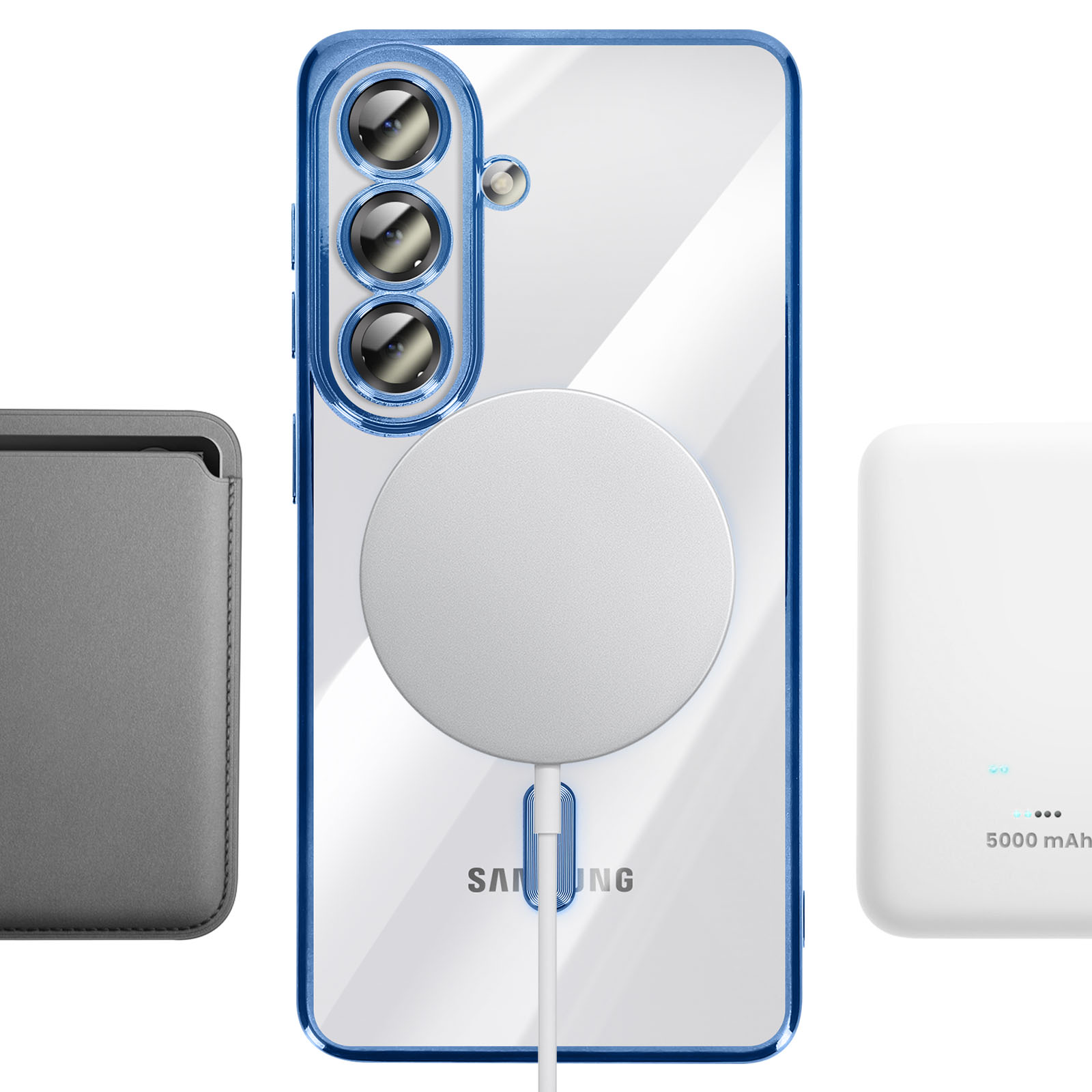 Un smartphone dans un étui transparent, chargeur MagSafe, portefeuille et batterie externe.
