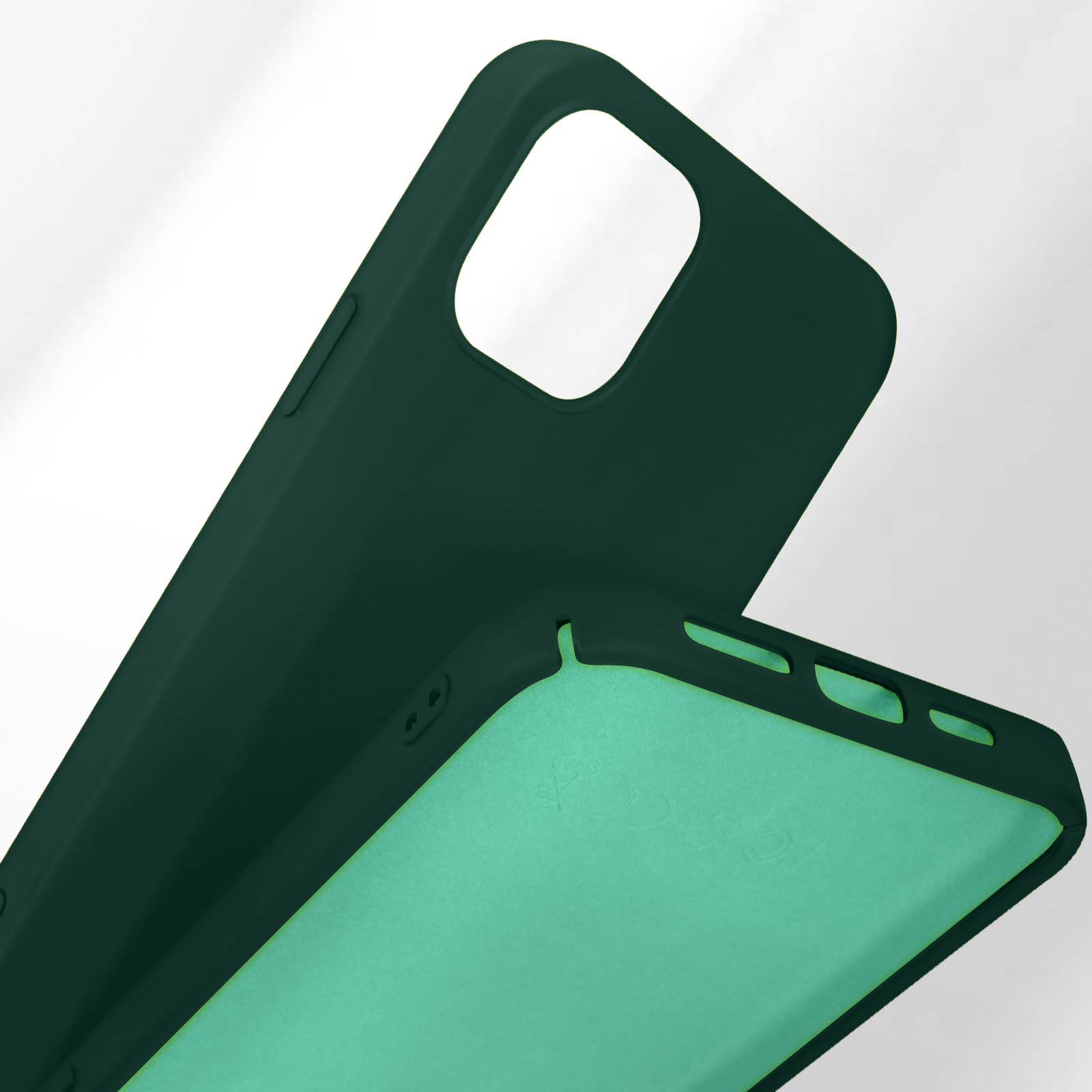 Custodia verde scuro per telefono con interno verde chiaro, primo piano dei bordi.