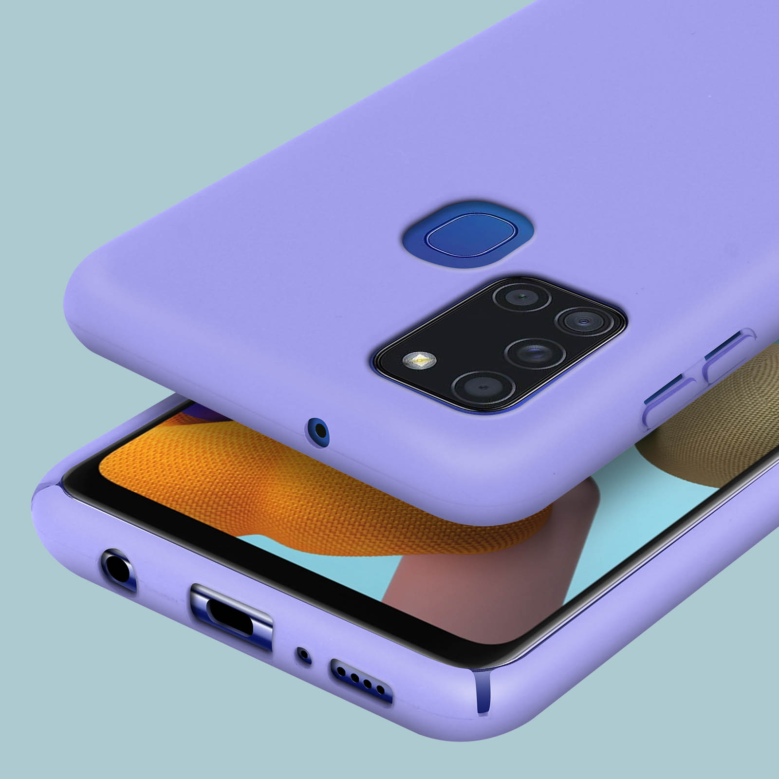 Een paarse smartphone met viervoudige camera achter en vingerafdrukscanner.