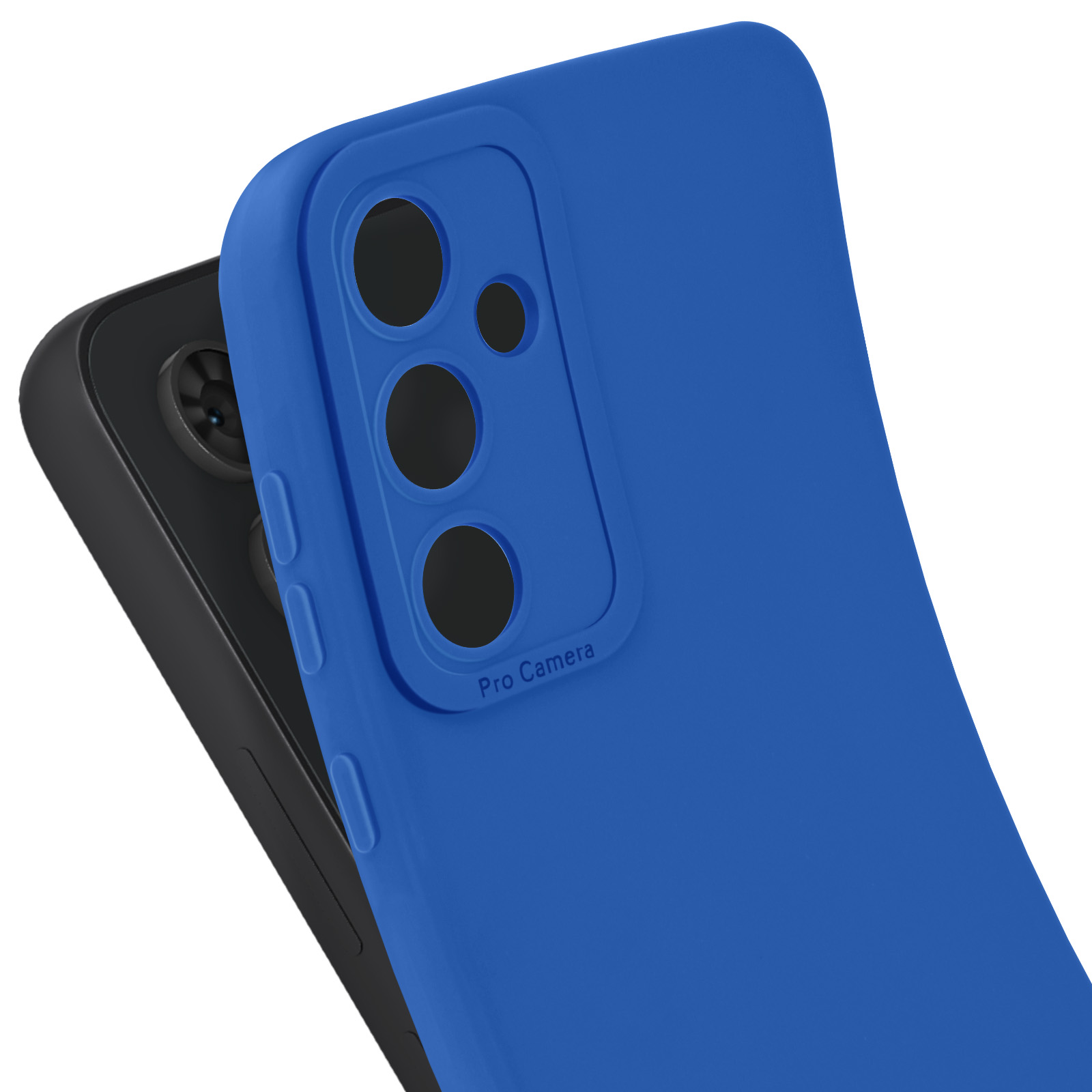 Coque de téléphone bleue avec découpes pour appareil photo. Une partie d'un téléphone noir est visible.