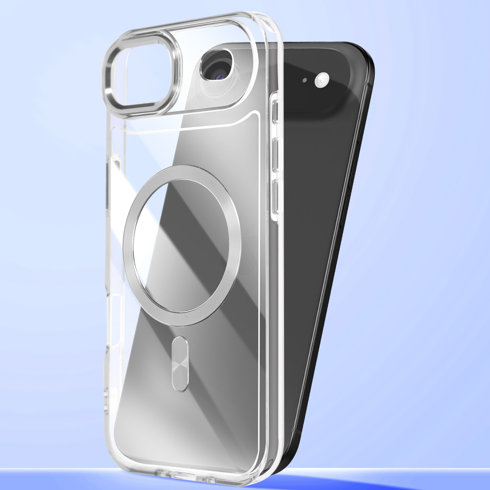 Transparante telefoonhoes met magneetring voor zwarte telefoon op blauwe achtergrond.