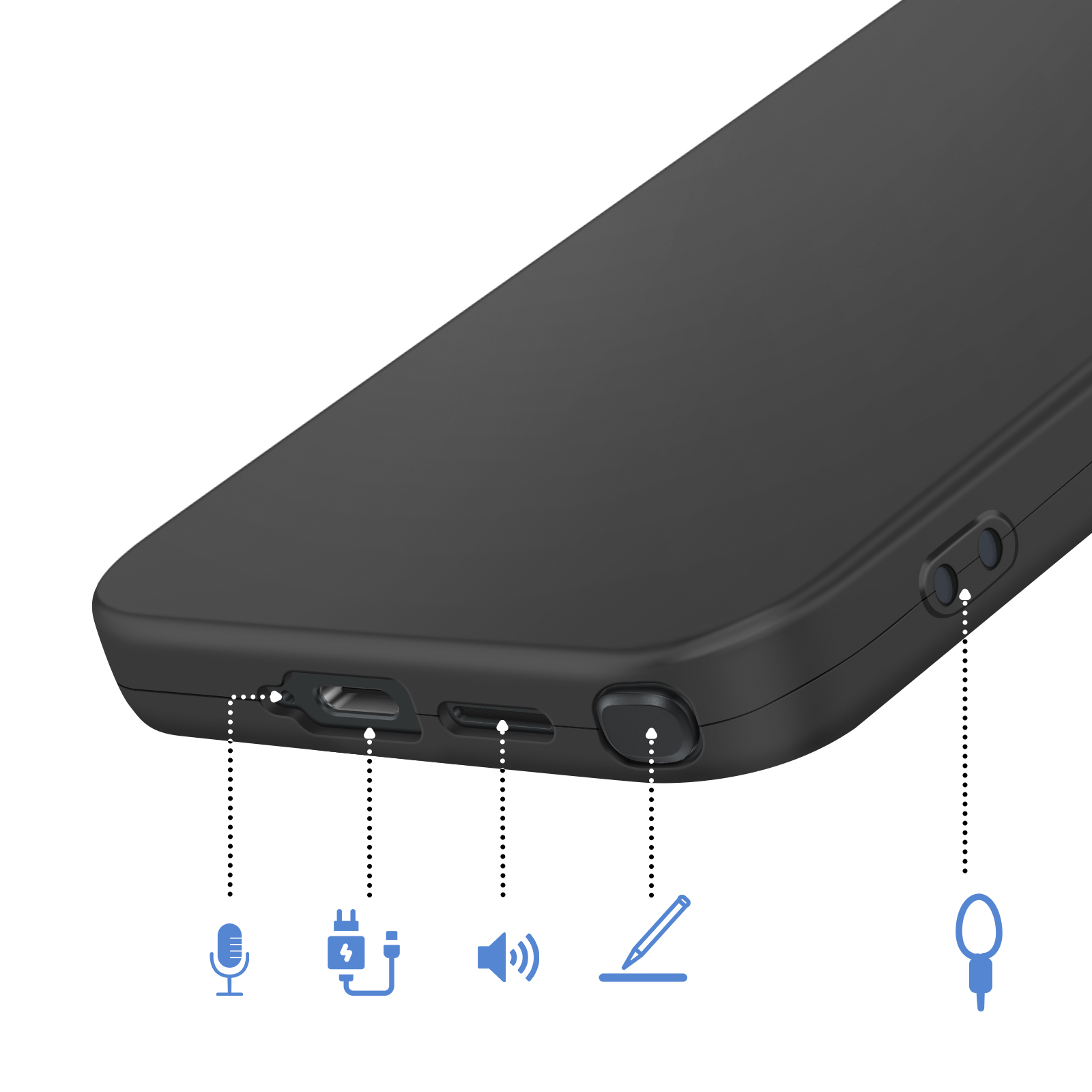 Zwarte hoes met pictogrammen voor microfoon, opladen, volume, stylus en lus.
