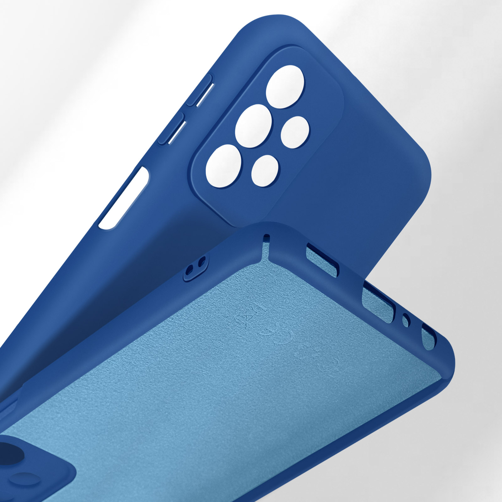 Due custodie blu per telefono si sovrappongono. Una ha ritagli per le fotocamere.