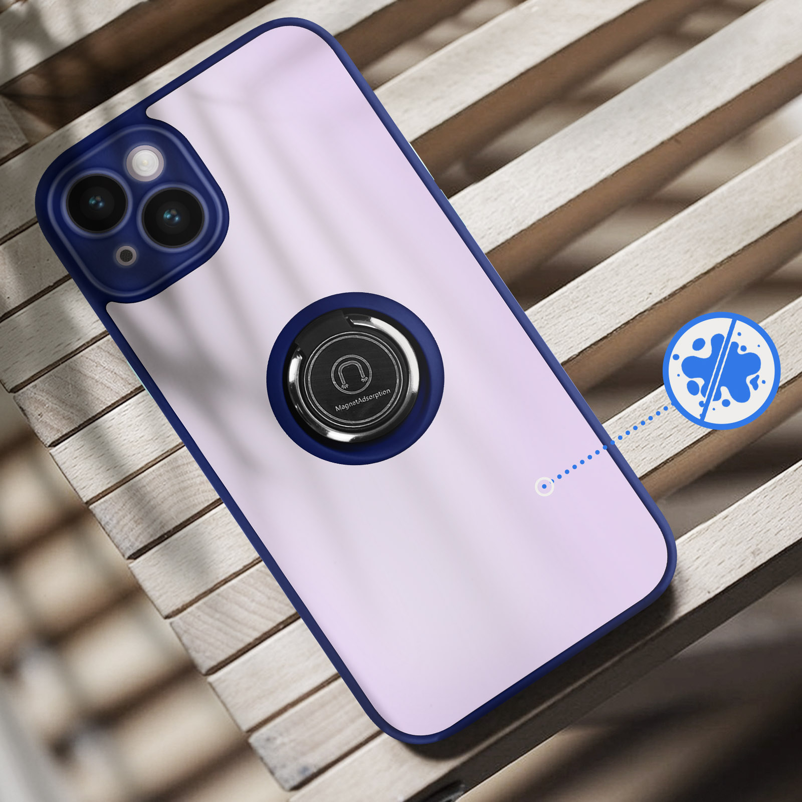 Paarse telefoonhoes met blauwe rand, ringhouder en druppelicoon.