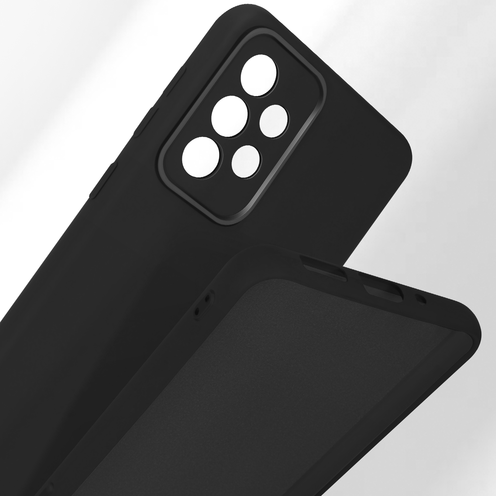 Cover nera per telefono con modulo fotocamera e display aperto.