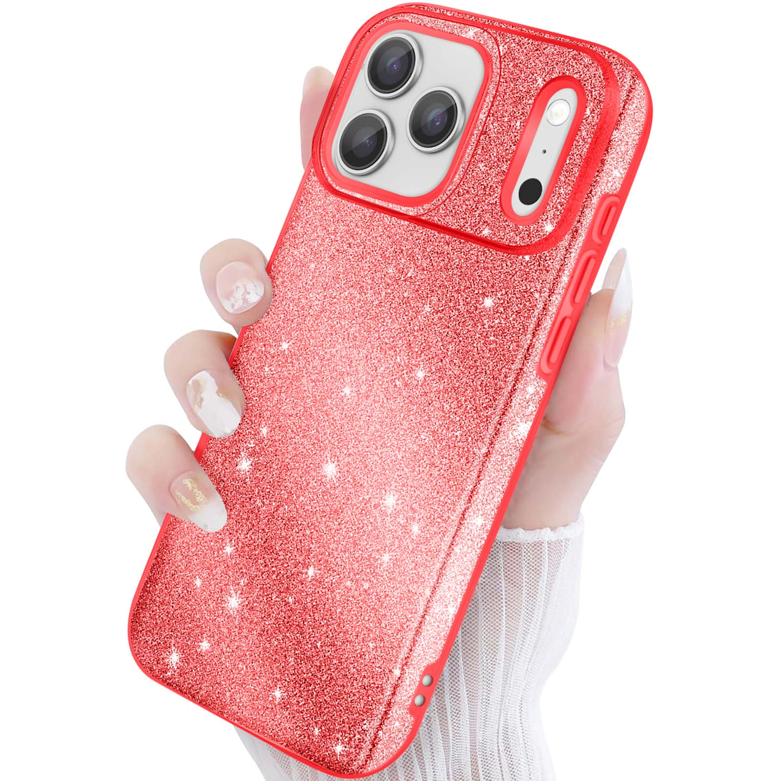 Een hand houdt een glinsterende rode telefoonhoes met camerahoesje vast.