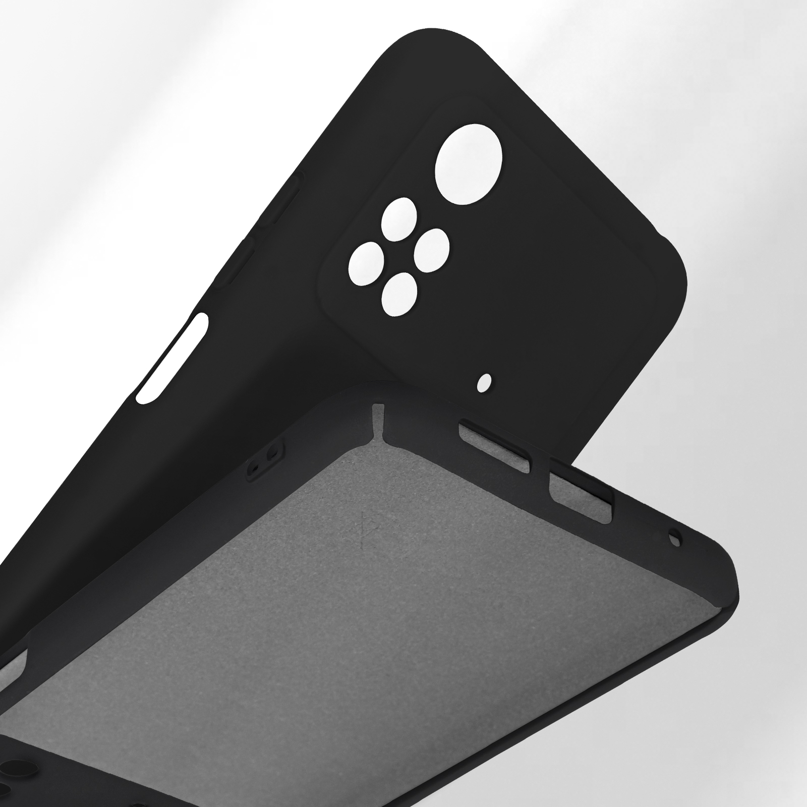 Twee zwarte telefoonhoesjes, de ene ligt bovenop de andere, met uitsparingen voor camera/knoppen.