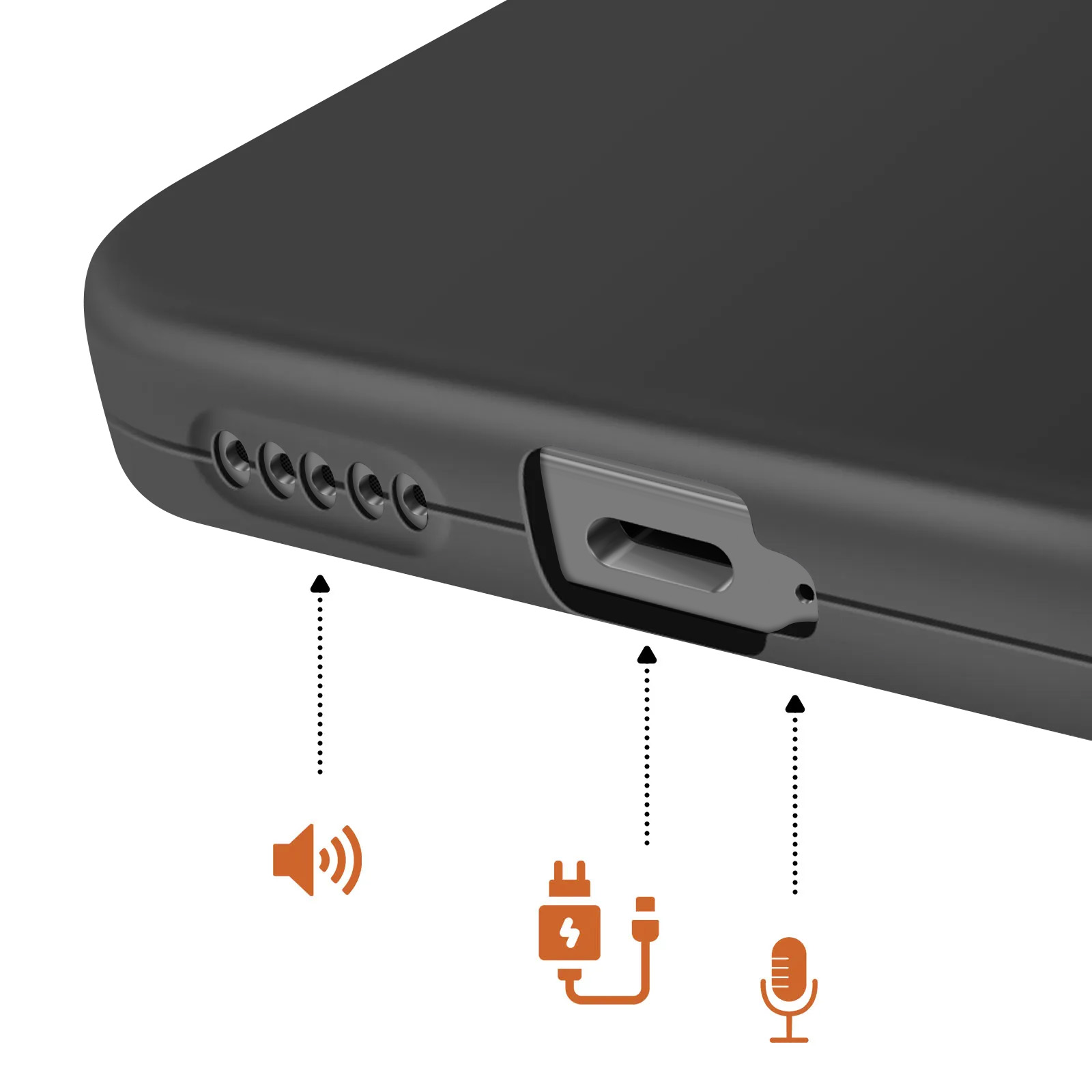 Close-up van een zwarte telefoonhoes met pictogrammen voor opladen, microfoon en luidspreker.