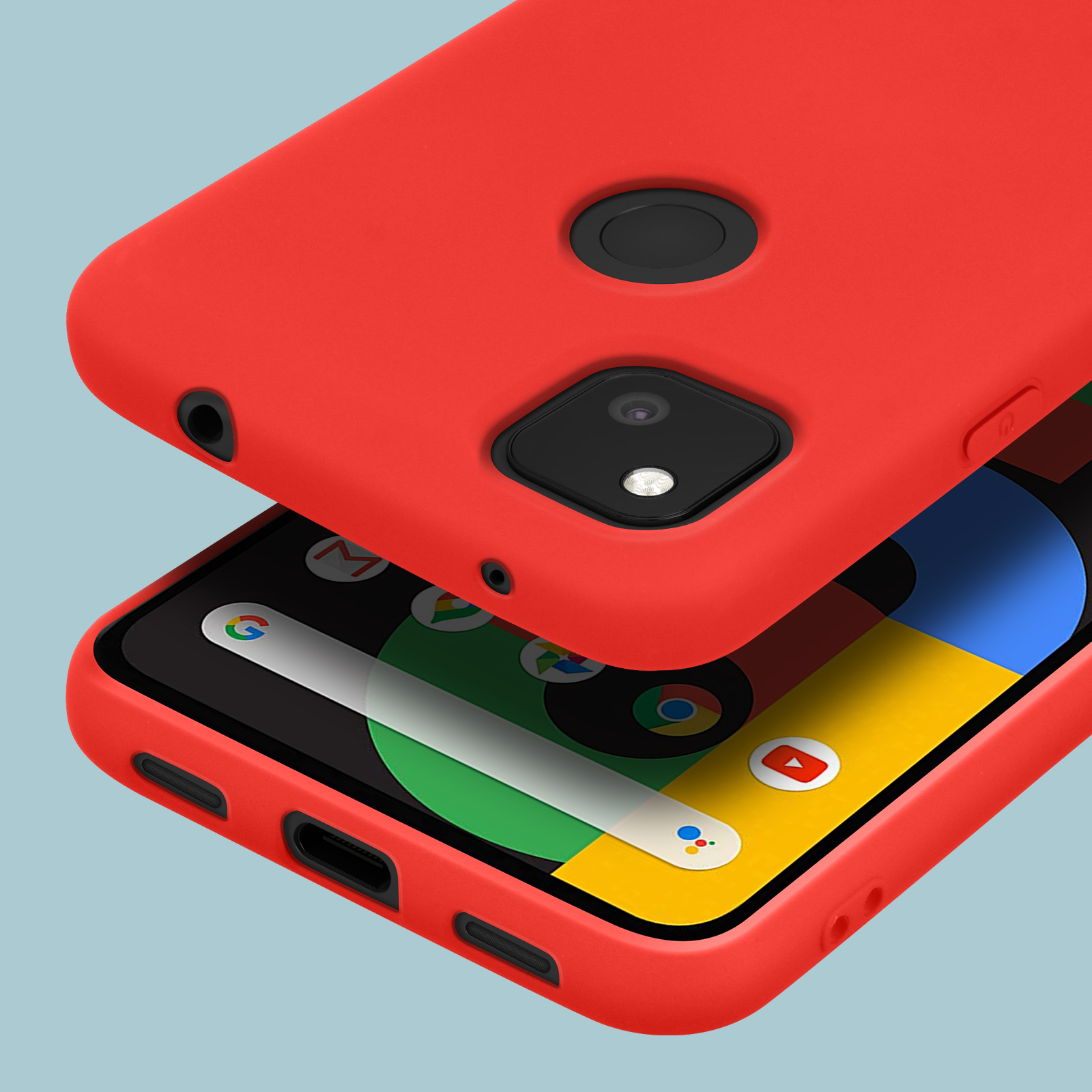 Rode telefoonhoes over smartphone met Google zoekbalk en app-iconen.