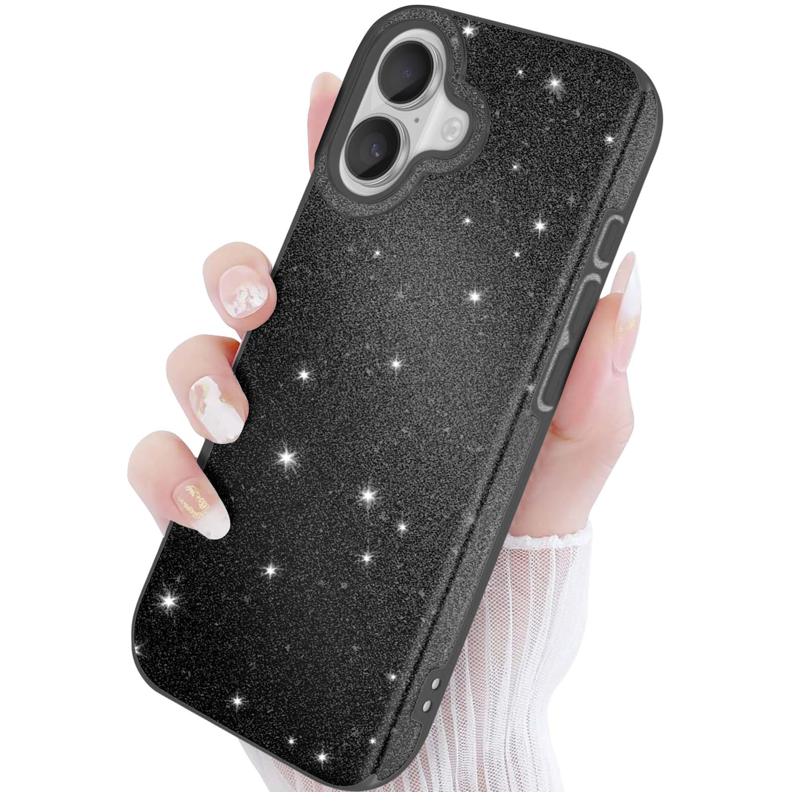 Coque de téléphone noire à paillettes avec étoiles, tenue par une main.