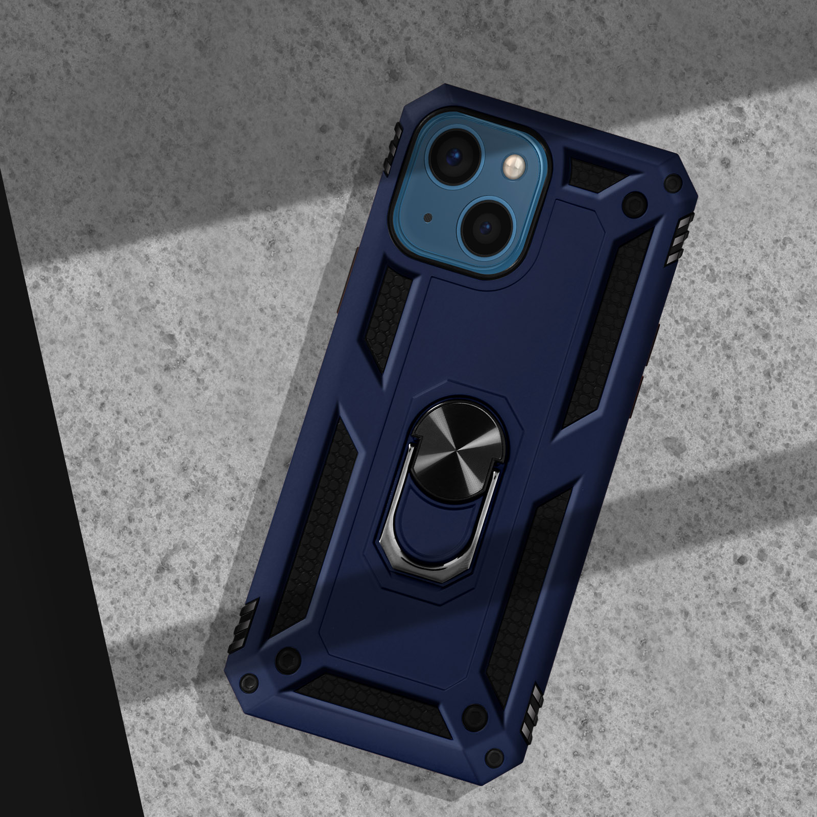 Donkerblauw telefoonhoesje met ringhouder op beton.