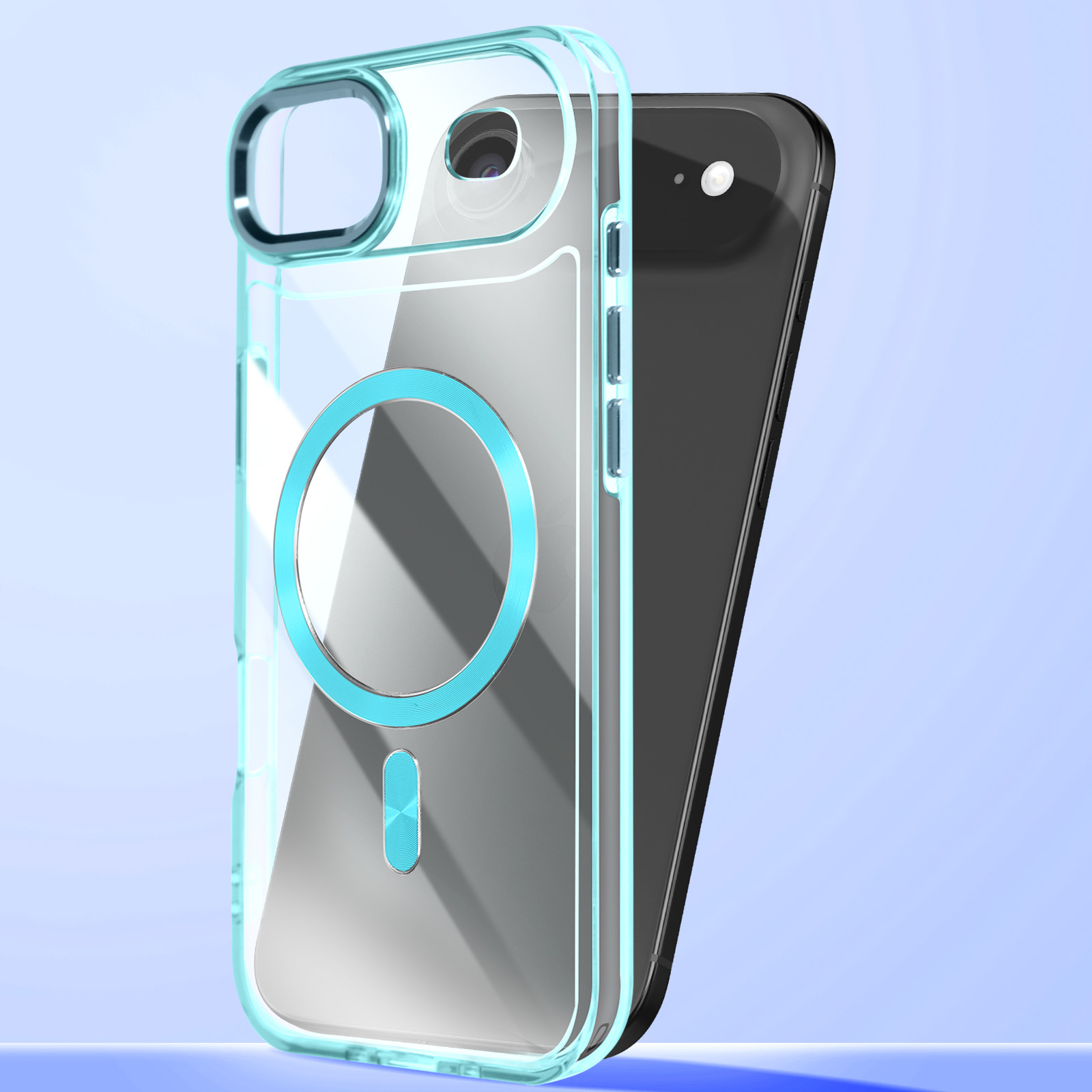 Doorzichtige telefoonhoes met blauwe rand en magneetring.