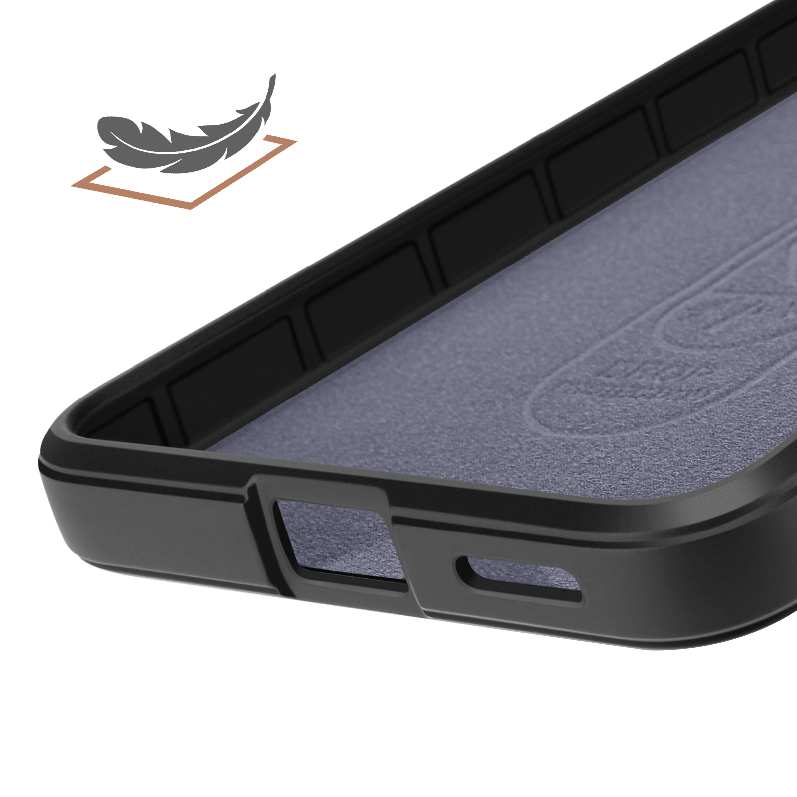 Coque de téléphone noire avec icône de plume, intérieur en tissu gris.