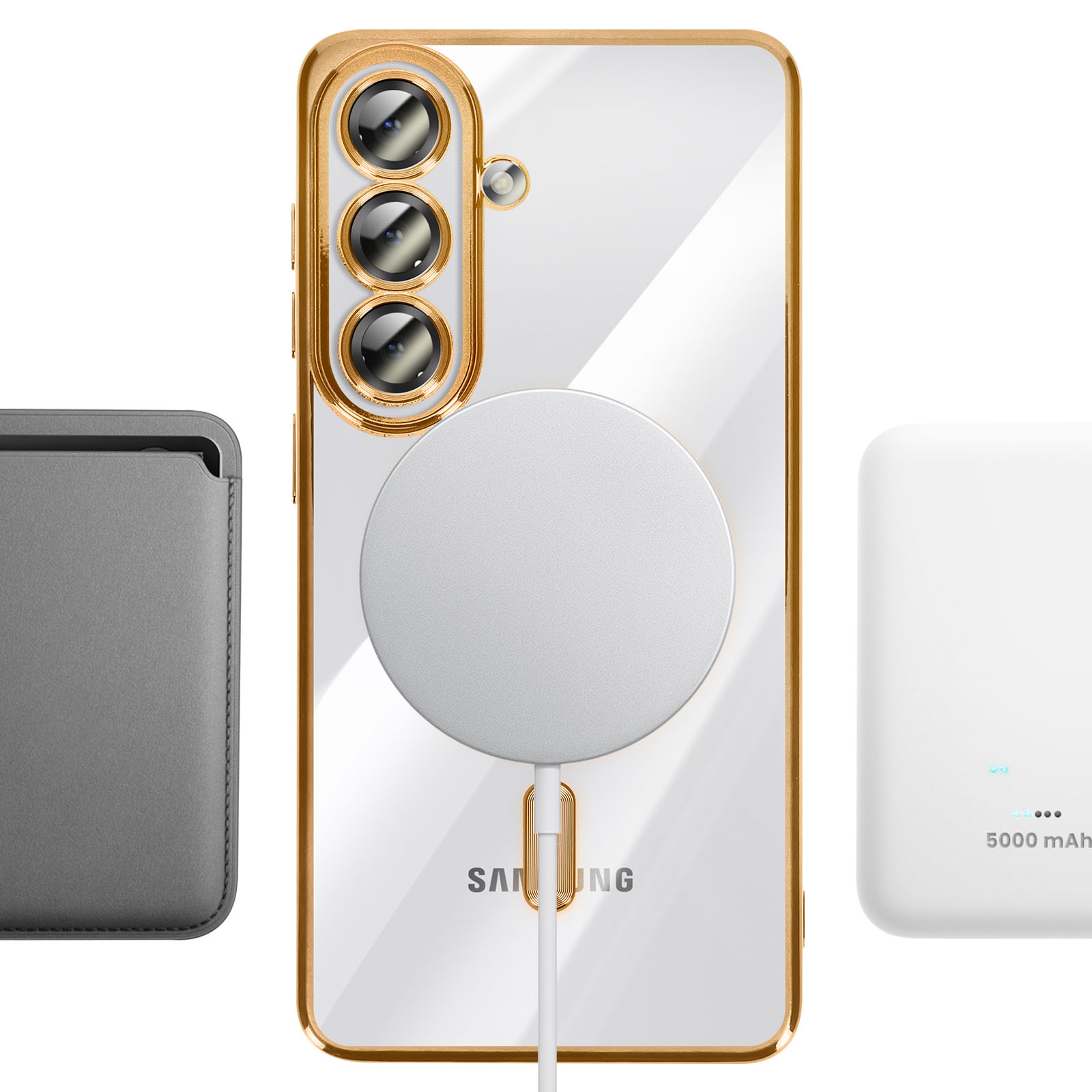 Un téléphone transparent à bordure dorée, trois caméras, un cercle de charge, accessoires.