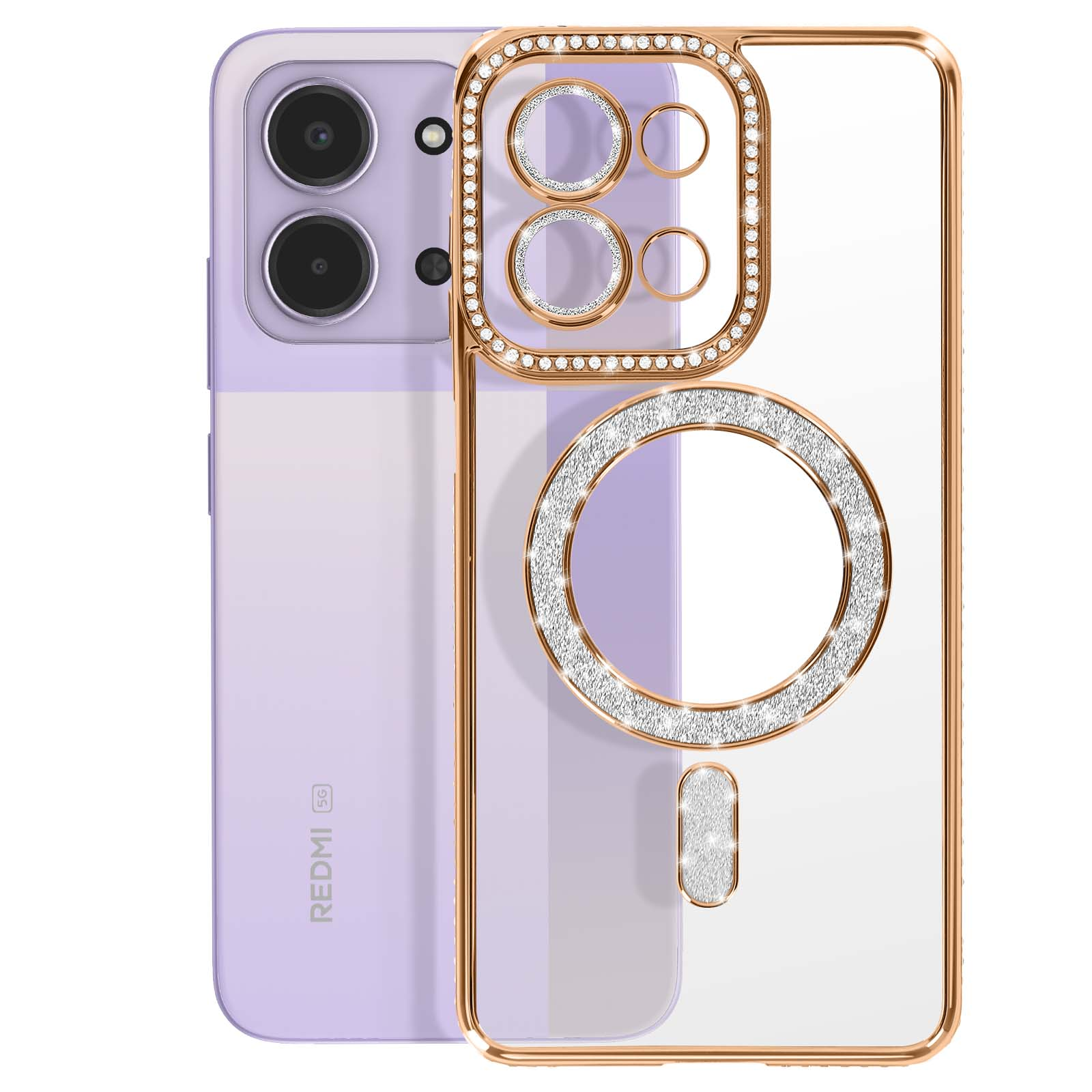 Een paarse telefoon met een doorzichtige hoes met gouden rand en diamanten.