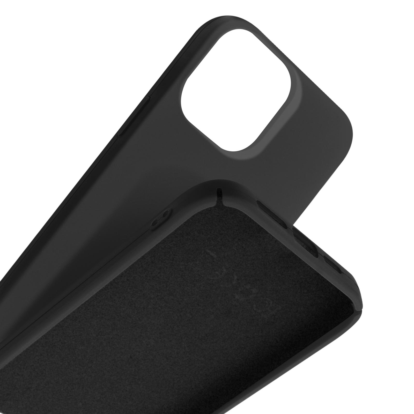 Zwarte telefoonhoes met uitsparingen voor camera en knoppen.