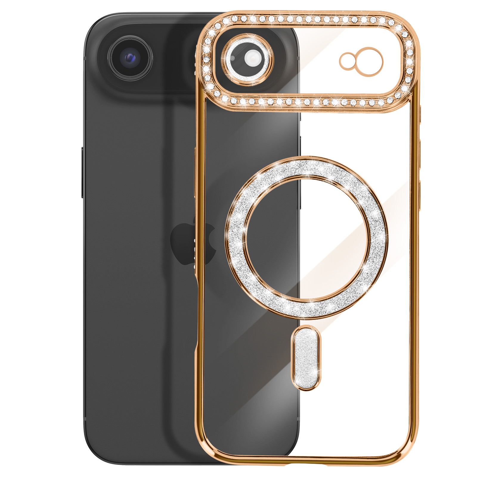 Une coque dorée pour iPhone avec anneau pailleté et un iPhone 13 Pro.