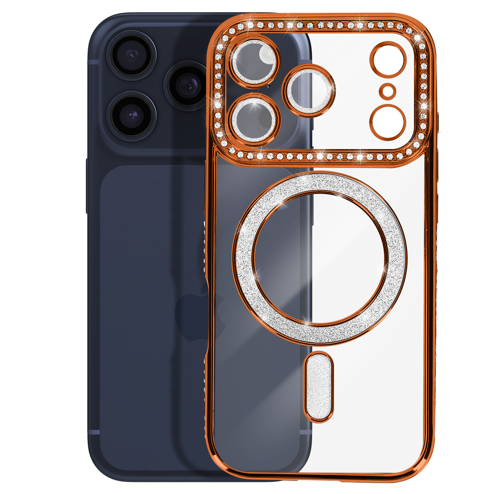 Téléphone bleu foncé avec coque transparente aux accents orange scintillants.