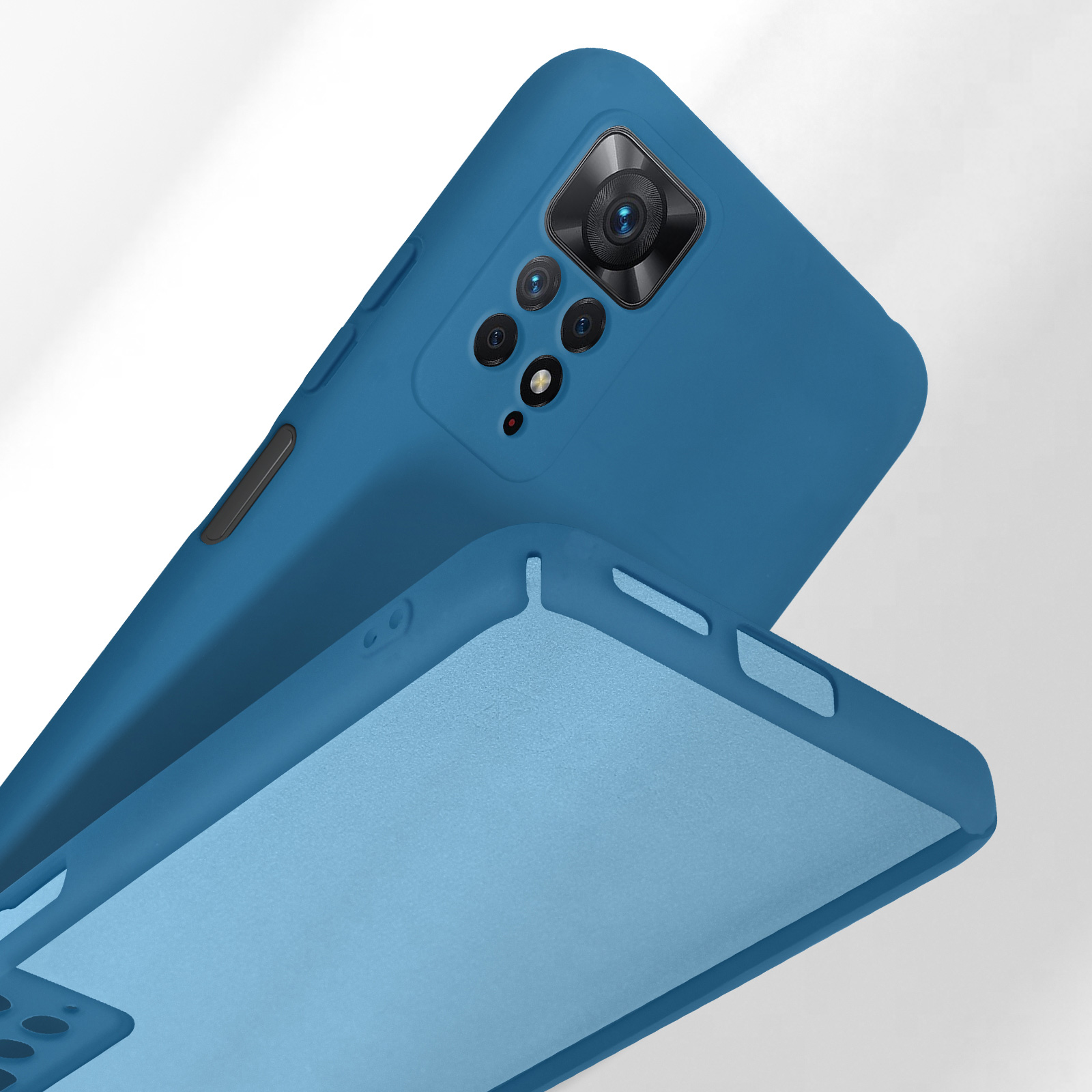 Twee blauwe telefoonhoesjes met cameramodules, op witte achtergrond.