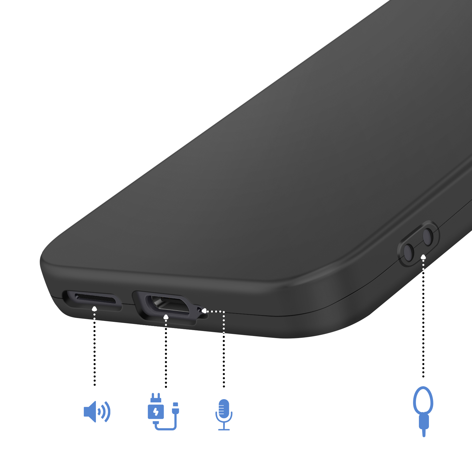 Un téléphone noir avec des icônes de haut-parleur, port de chargement et microphone.