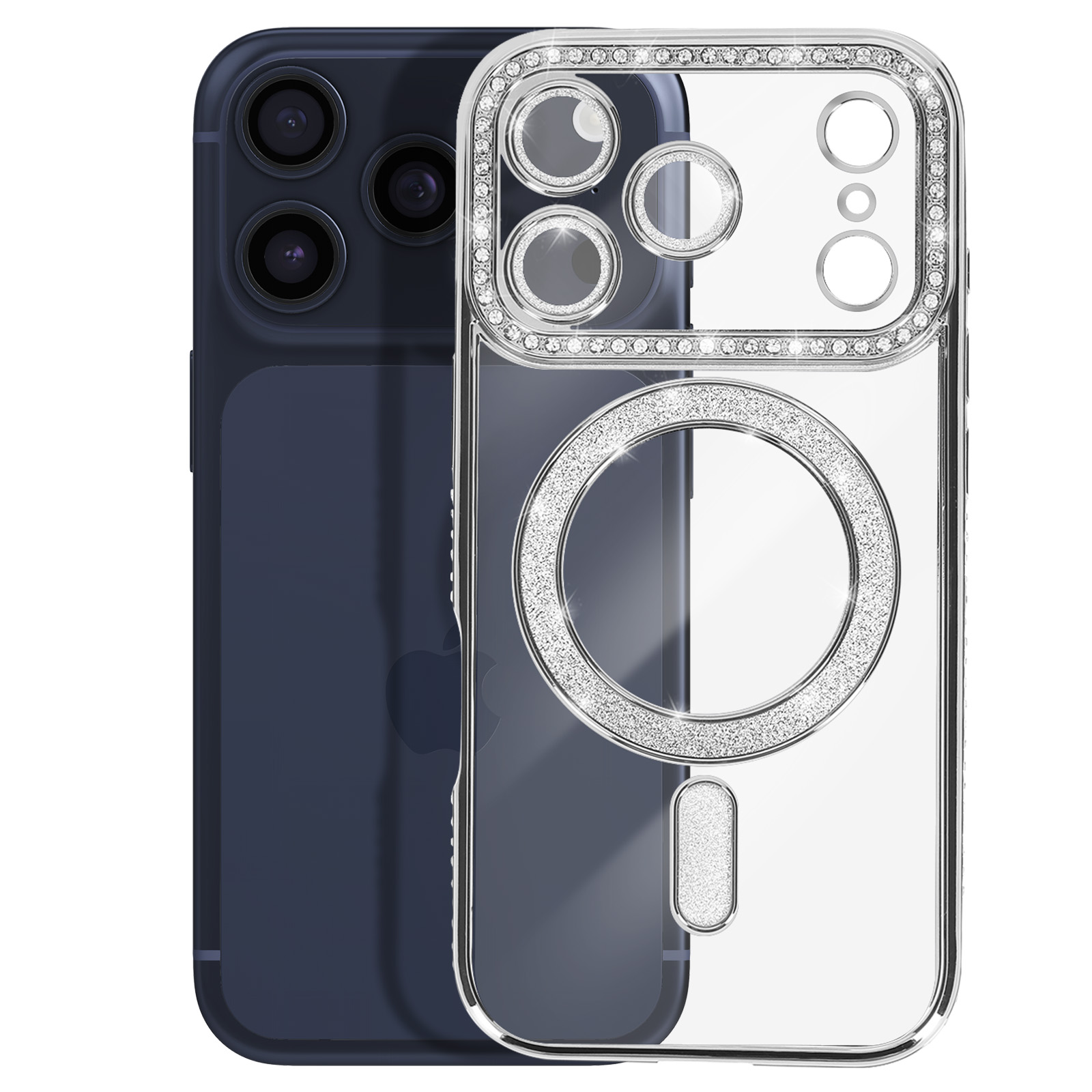 Donkerblauw toestel met drievoudige camera en doorzichtige glitter case.