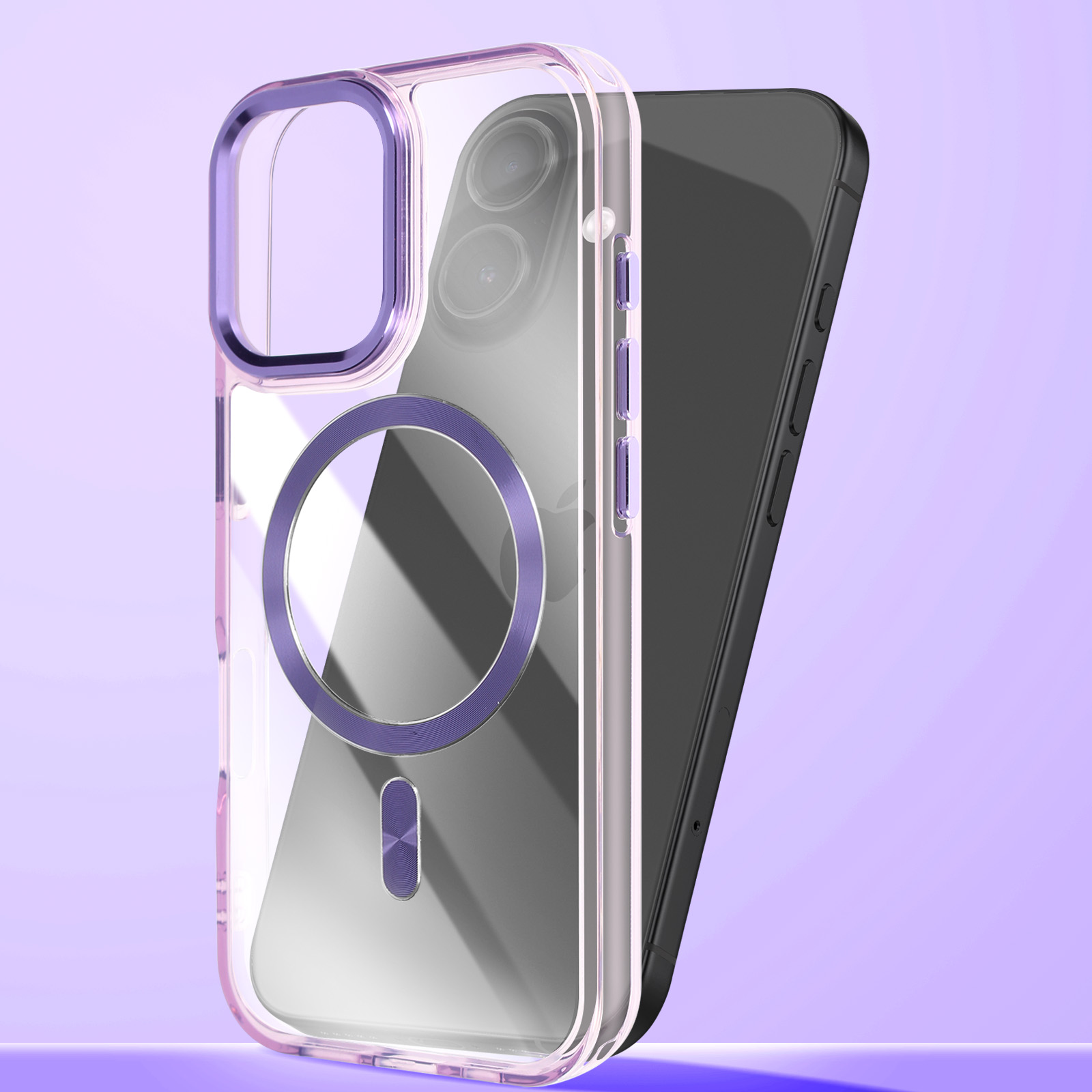 Une coque de téléphone transparente à bordure violette, montrant une caméra et un anneau magnétique.