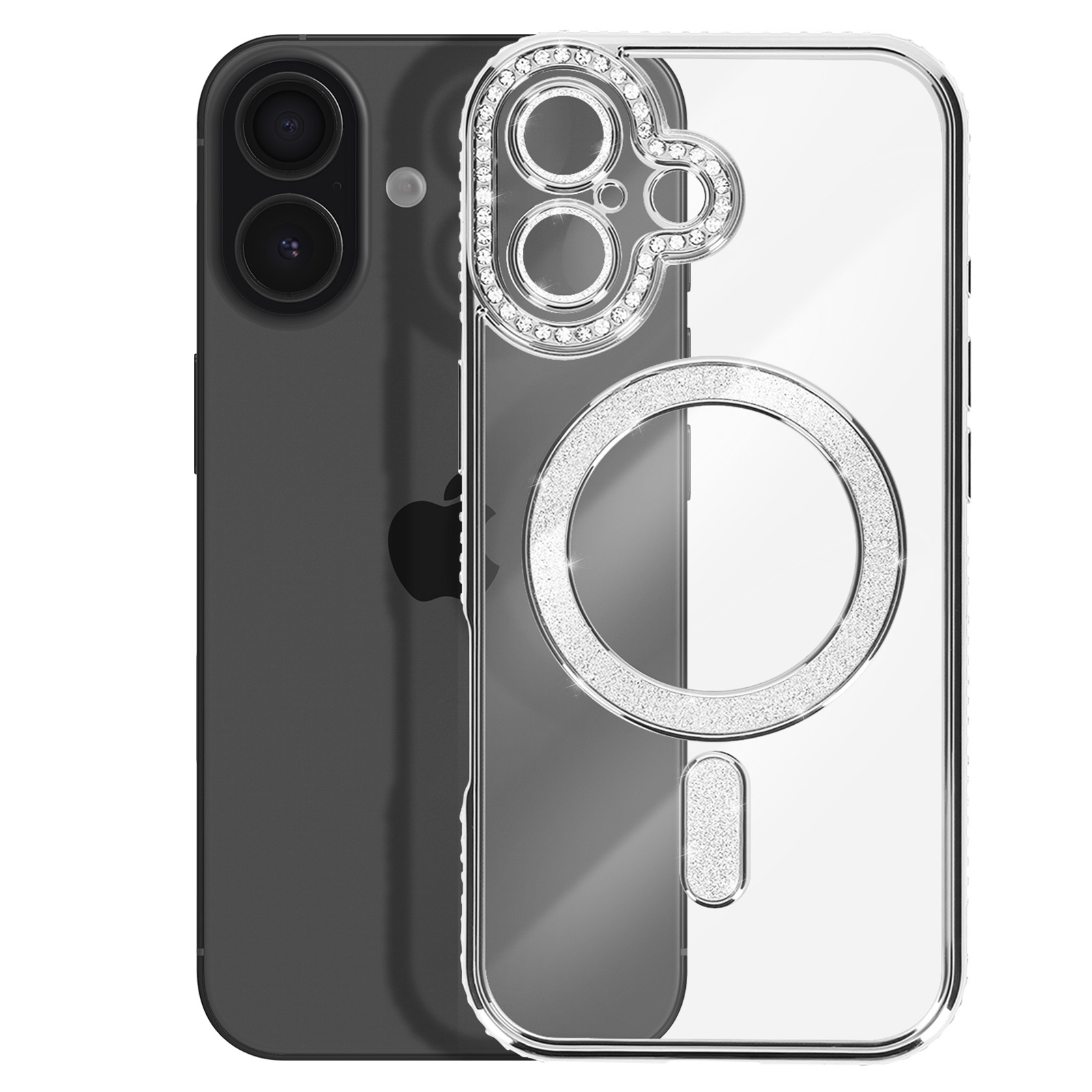 Coque de téléphone transparente avec des accents pailletés autour des objectifs et d'un anneau.