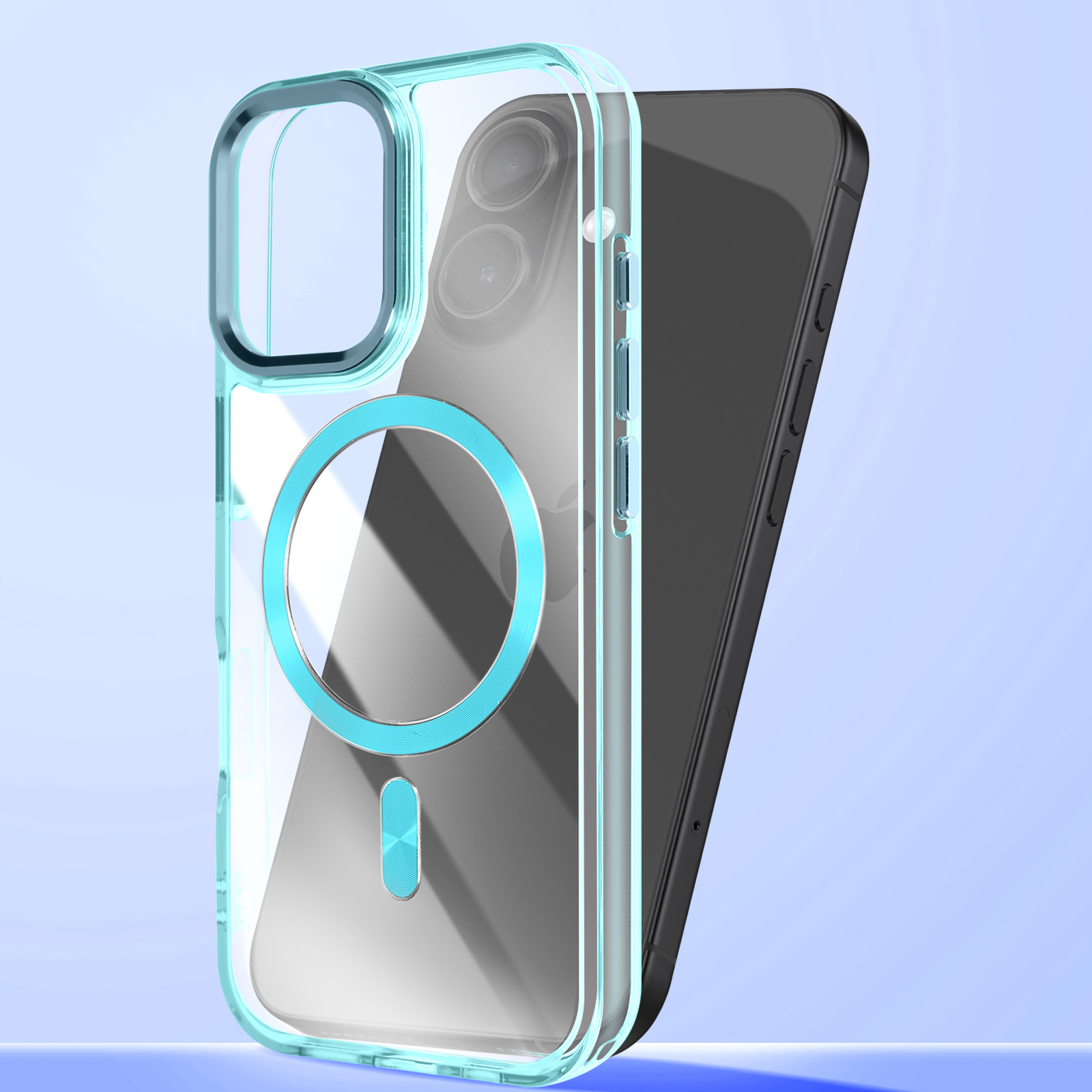 Coque de téléphone transparente avec bordure bleue, montrant caméra et anneau magnétique.