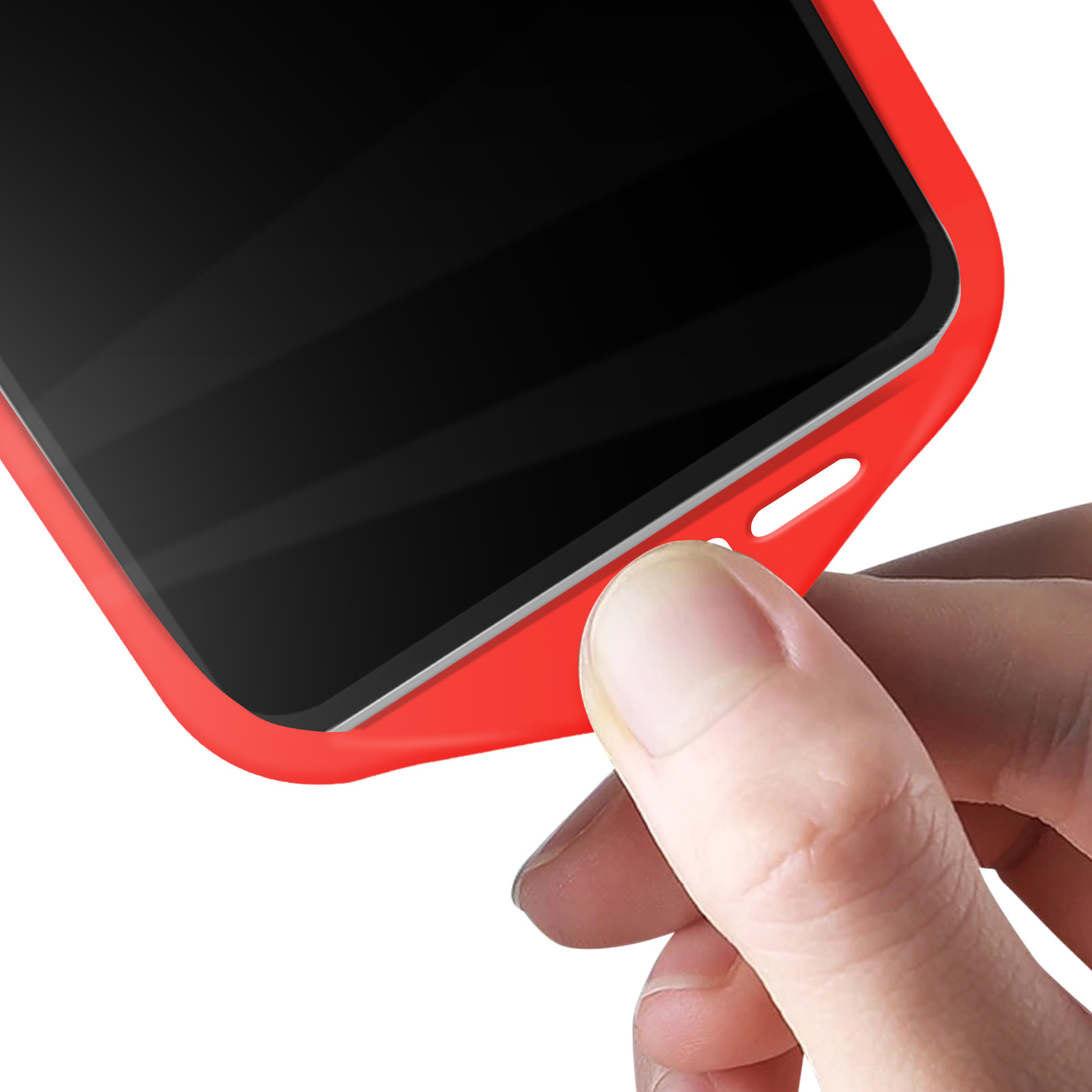 Funda roja para teléfono con pantalla negra, sostenida por una mano.
