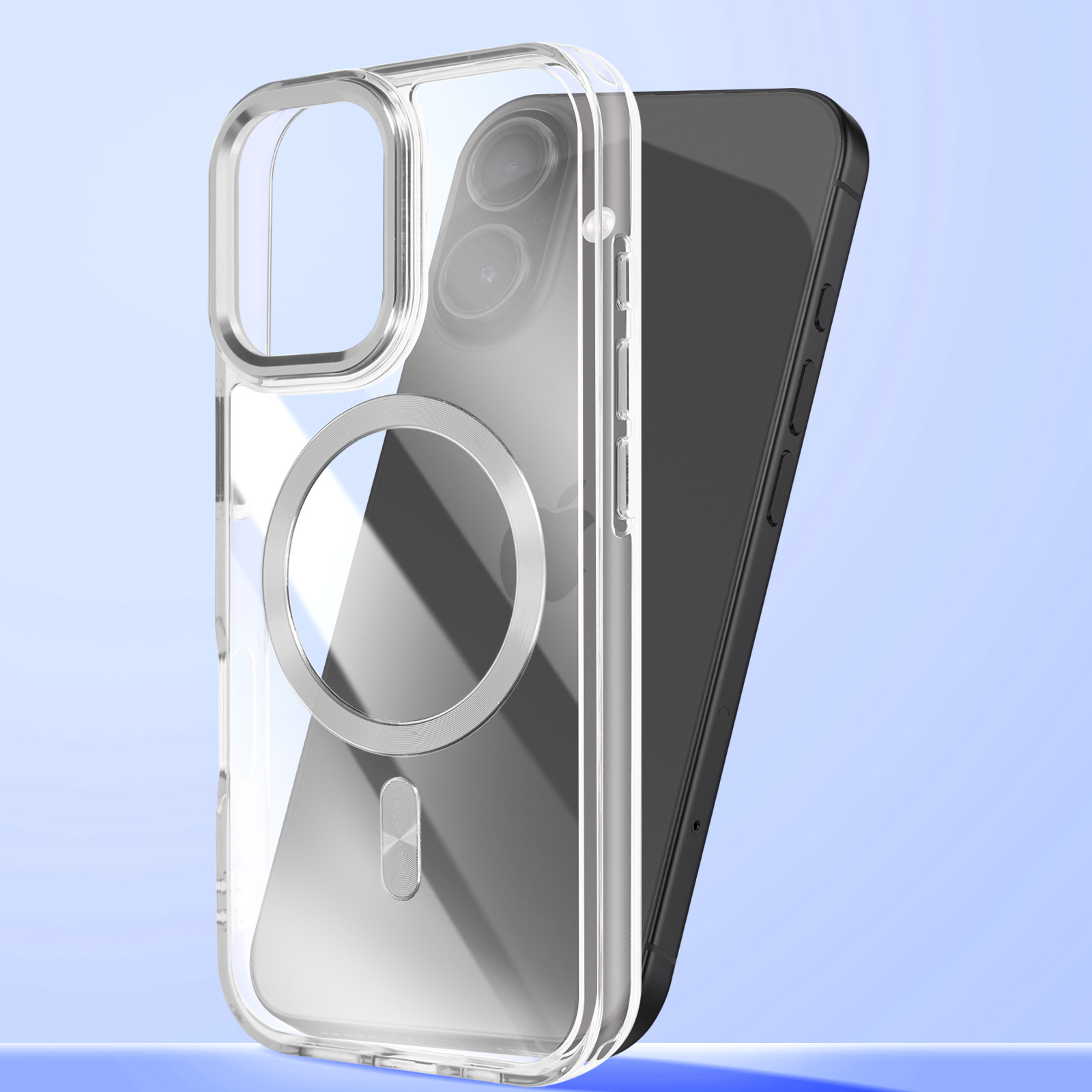 Een doorzichtige telefoonhoes met MagSafe-ring en iPhone-camerauitsnijding.