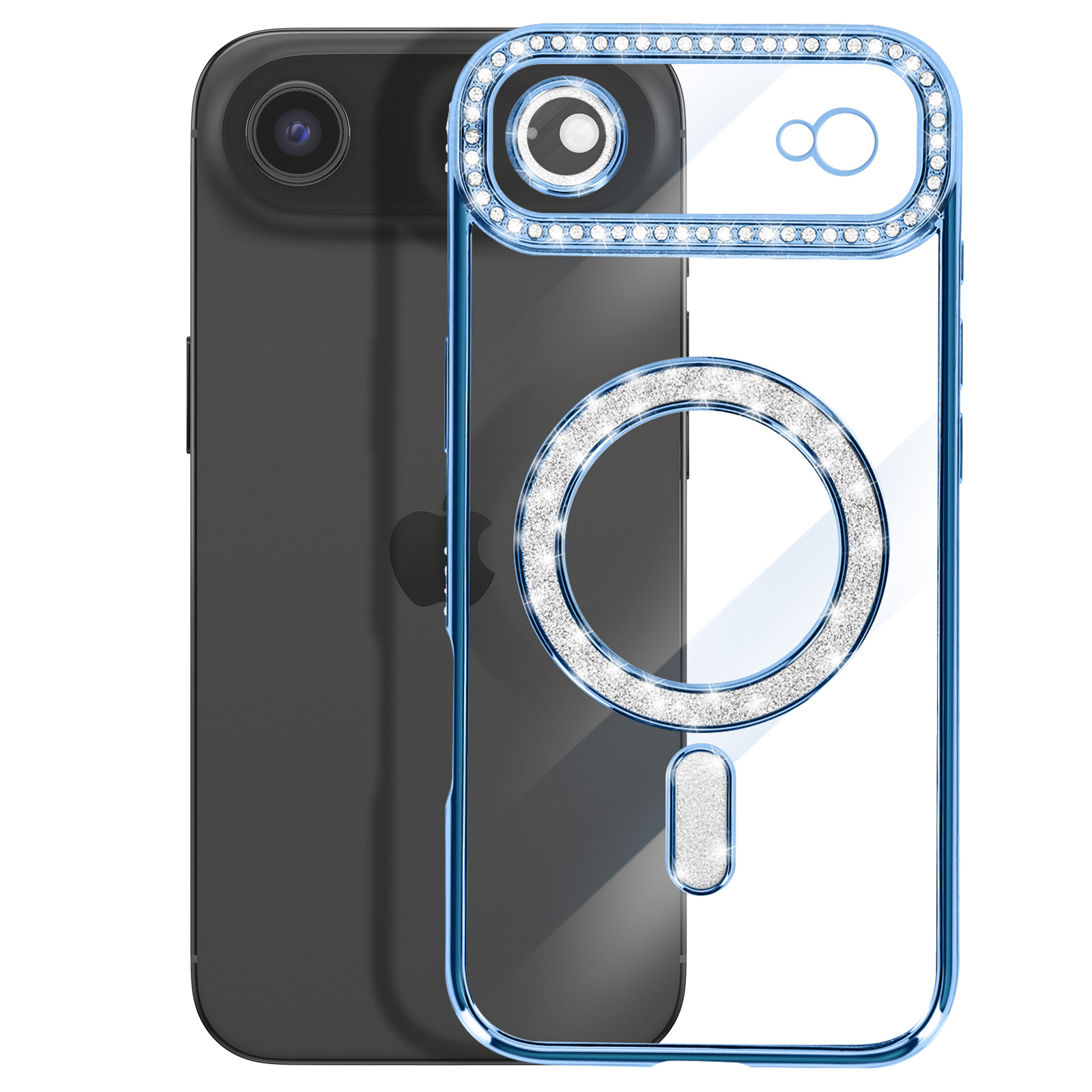 Een zwarte iPhone met een sprankelende, blauwe telefoonhoes met strass.