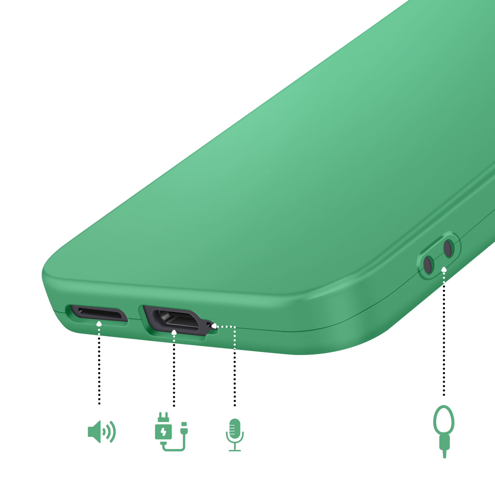 Groene smartphone met laad-, microfoon-, luidspreker- en koptelefoonaansluitingen.