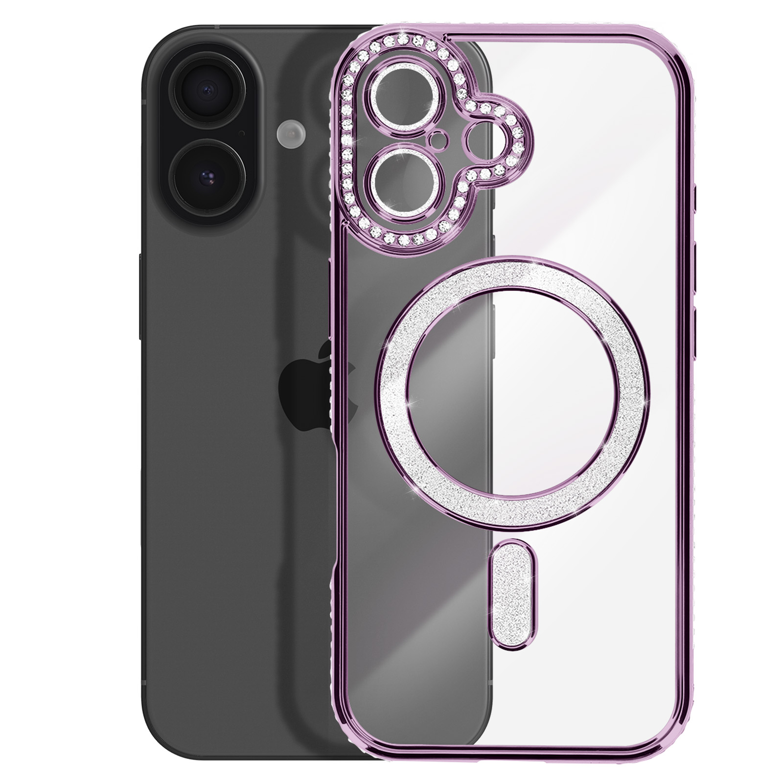 iPhone gris foncé avec un étui transparent et scintillant à bordure violette.