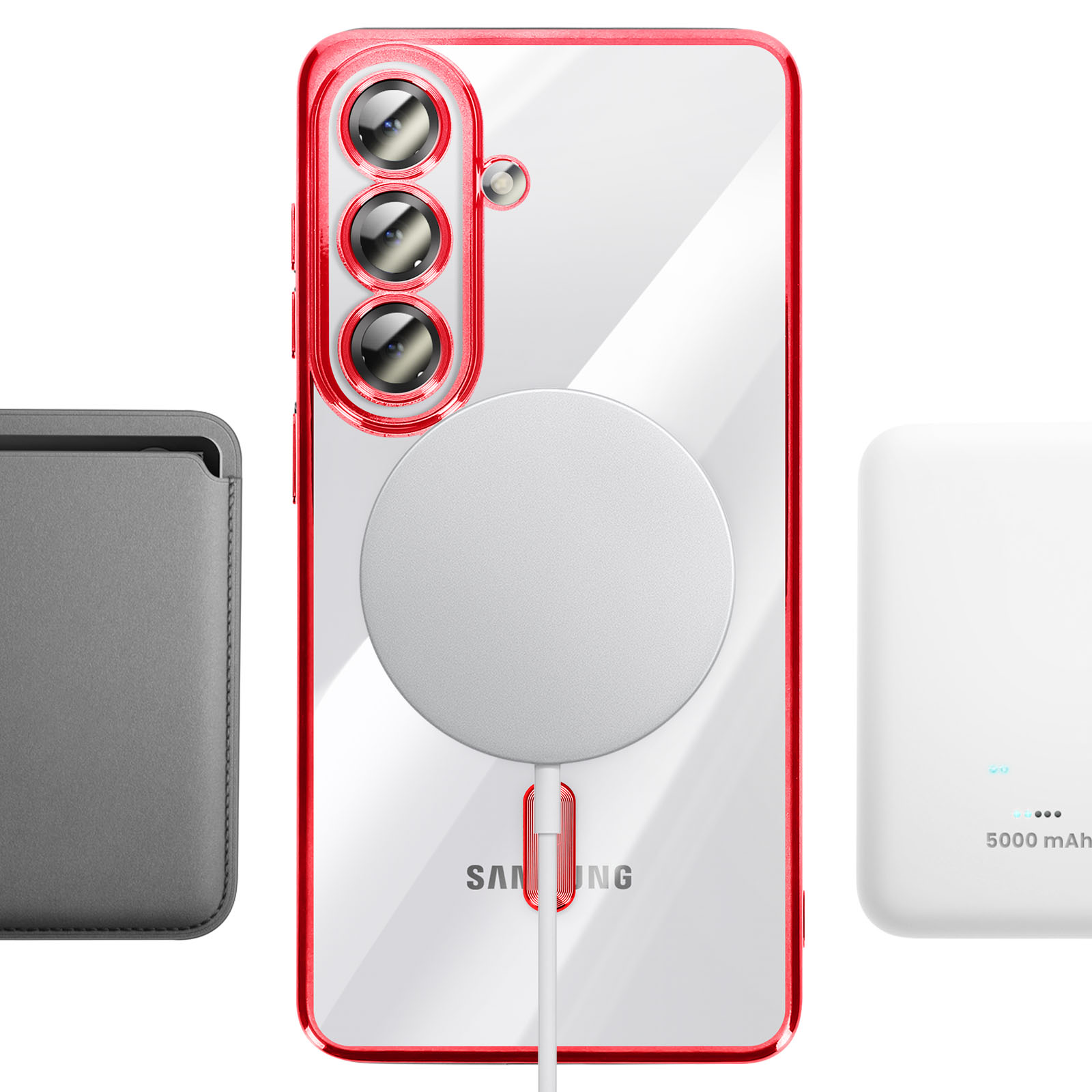 Un smartphone avec cadre rouge, trois caméras, anneau magnétique et câble de chargement.