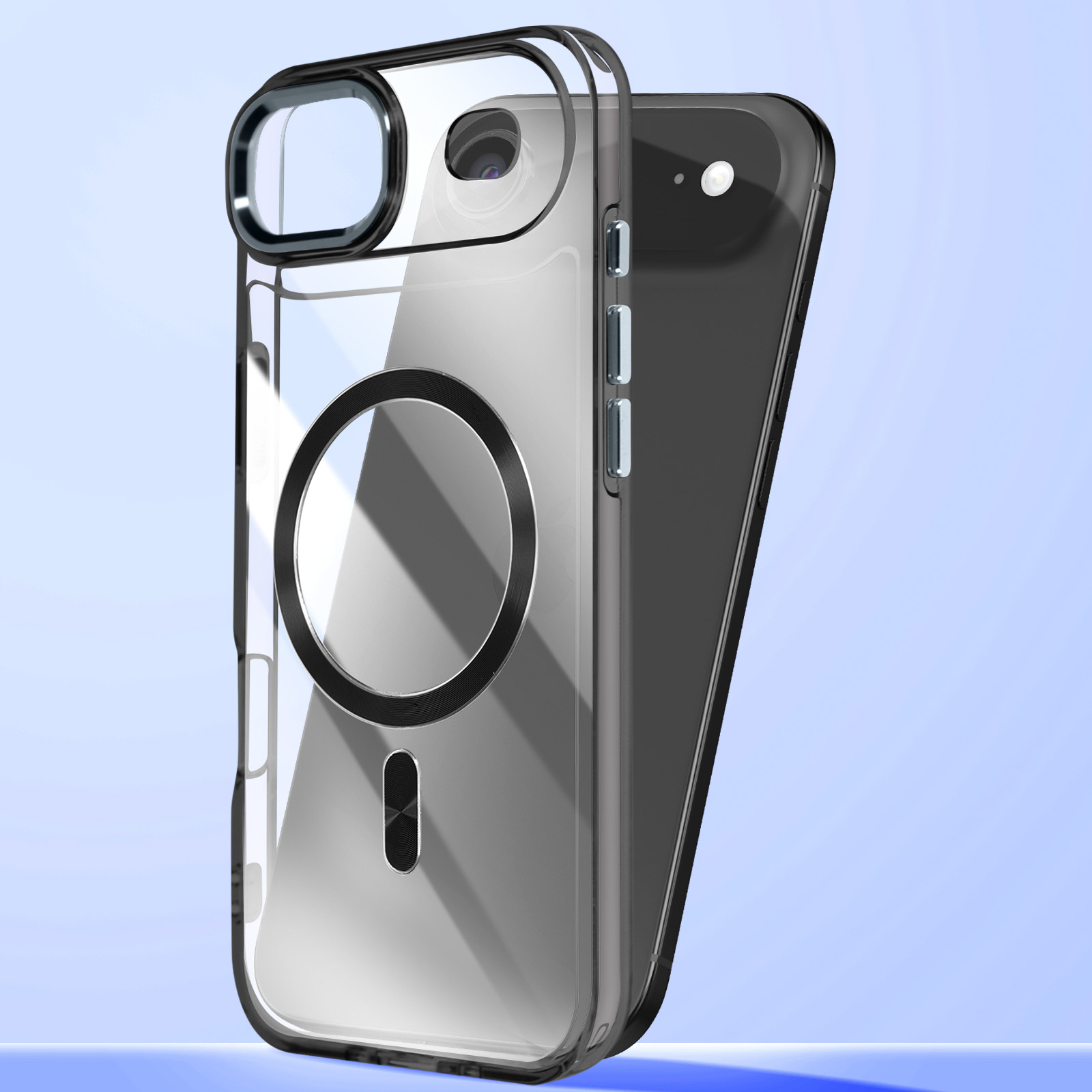Transparante hoes met magneetring op een donkere telefoon.