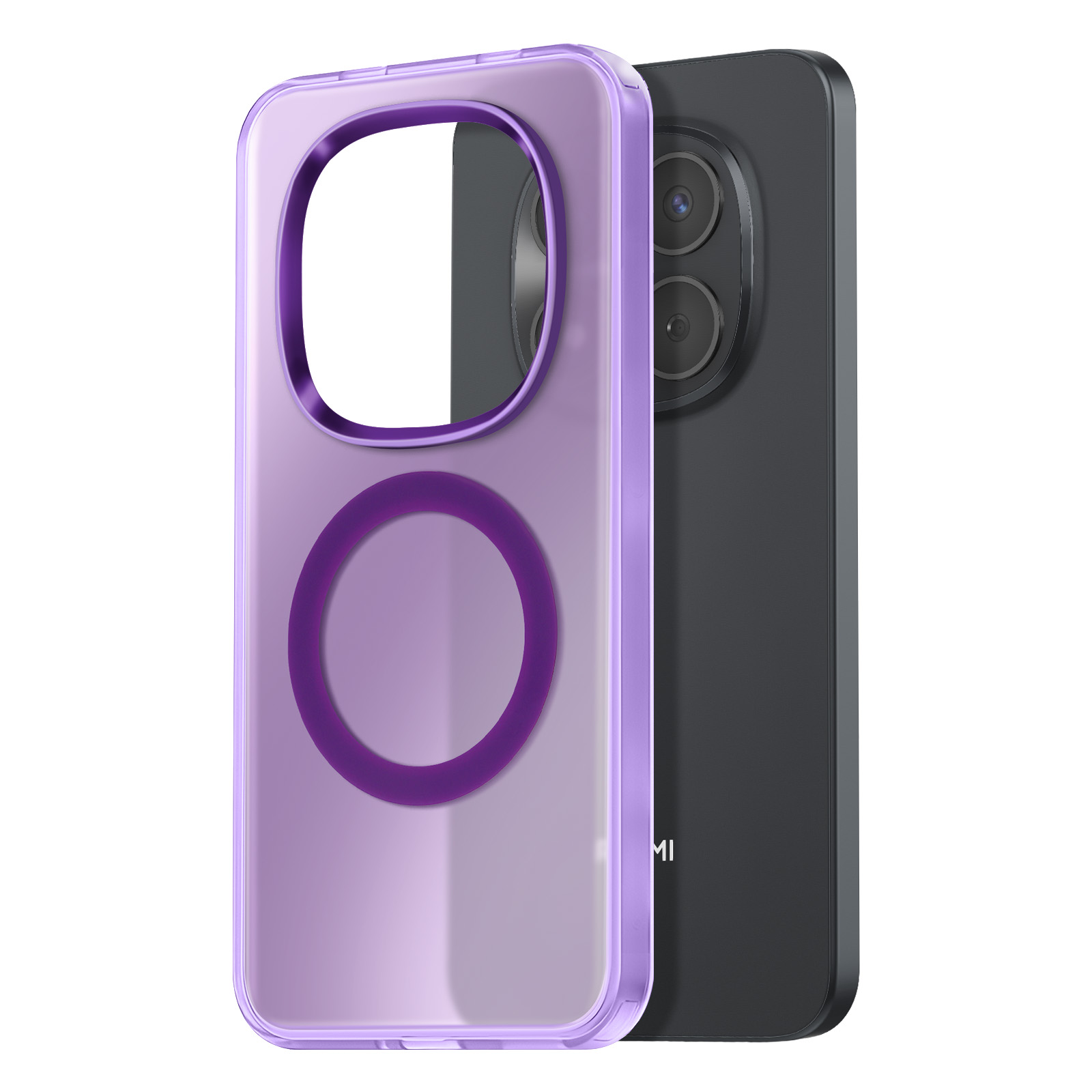 Een paarse transparante telefoonhoes met magnetische ring naast een zwarte telefoon.